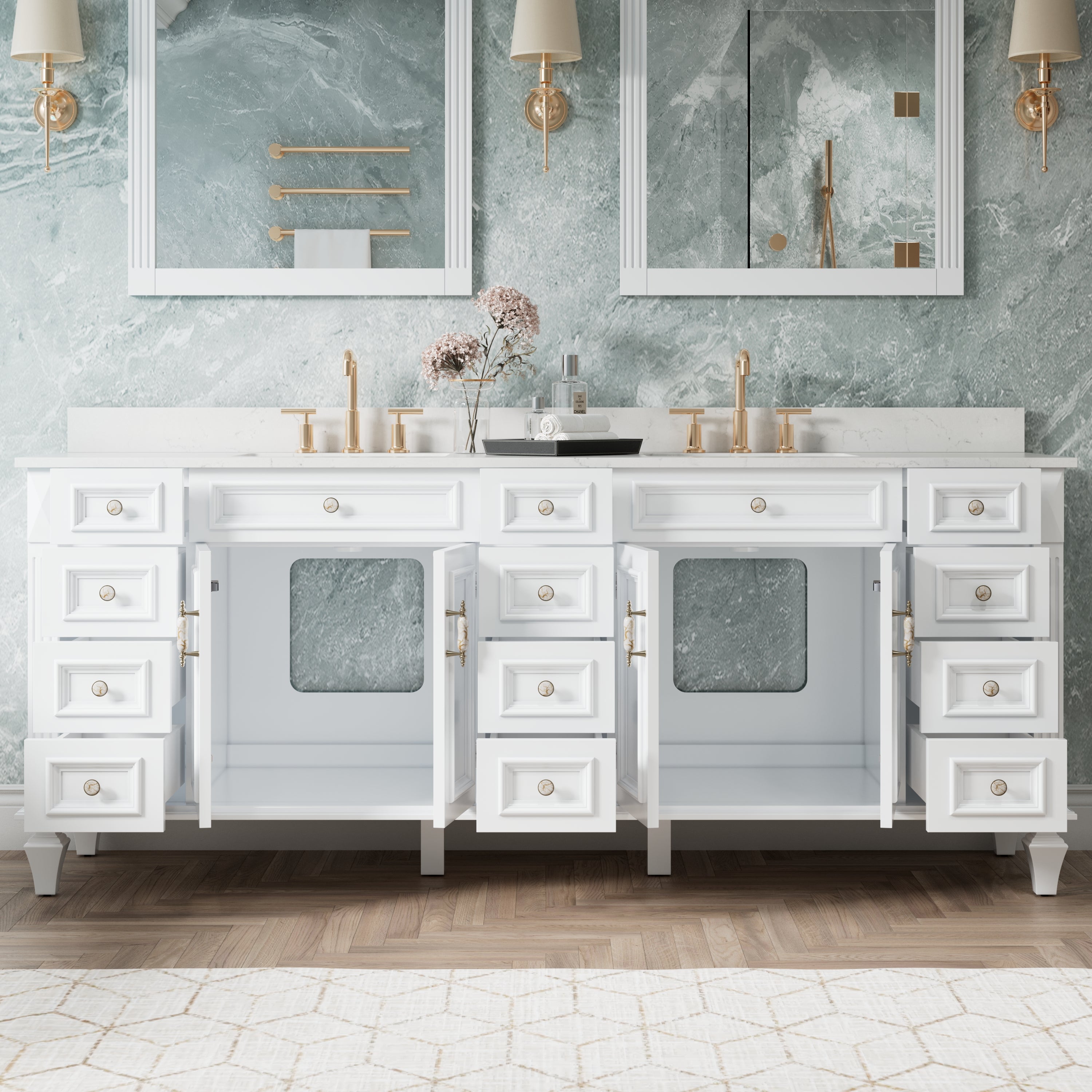 84 in. Freestanding Solid Wood Bathroom Vanity with Carrara White Quartz Countertop, White