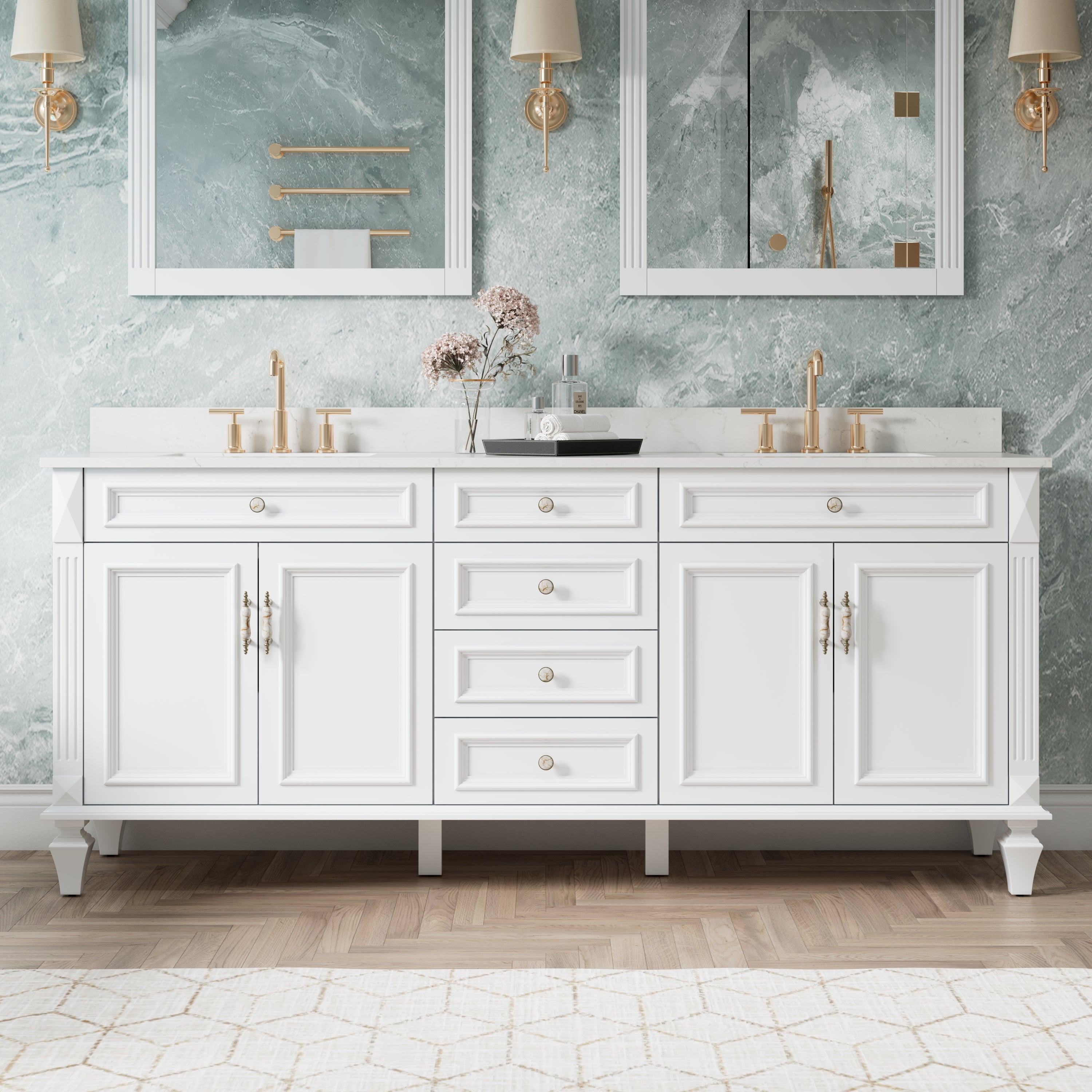 80 in. Freestanding Solid Wood Bathroom Vanity with Carrara White Quartz Countertop, White