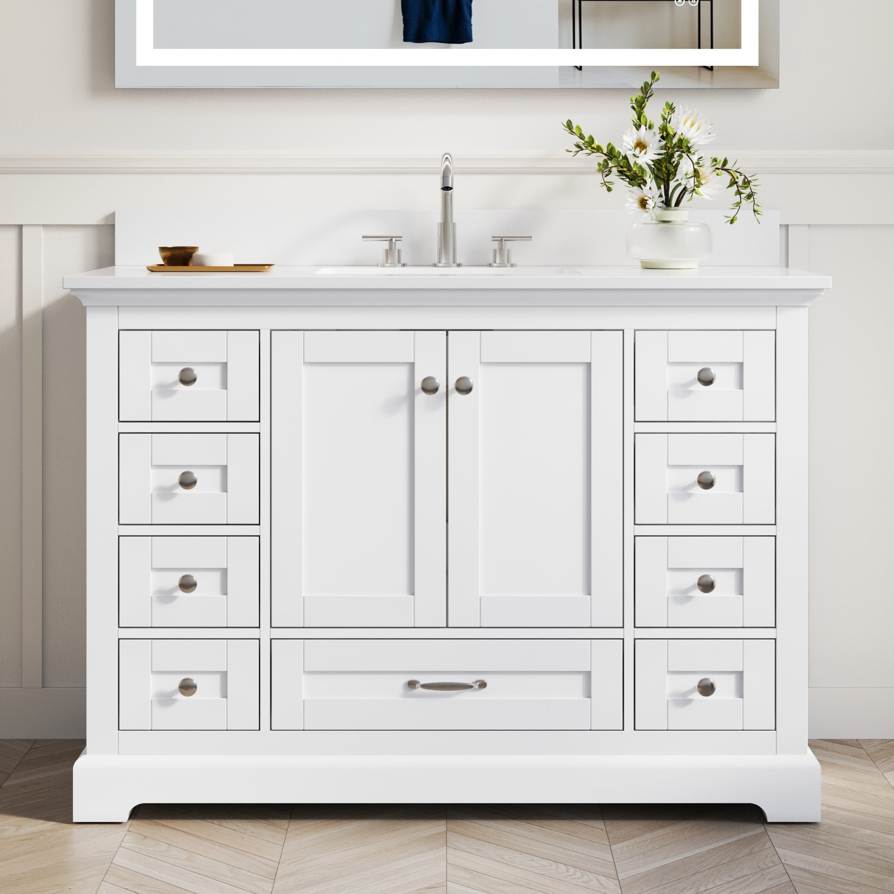 48 Inch White Bathroom Vanity with cUPC Undermount Basin with 2 Doors and 9 Drawers