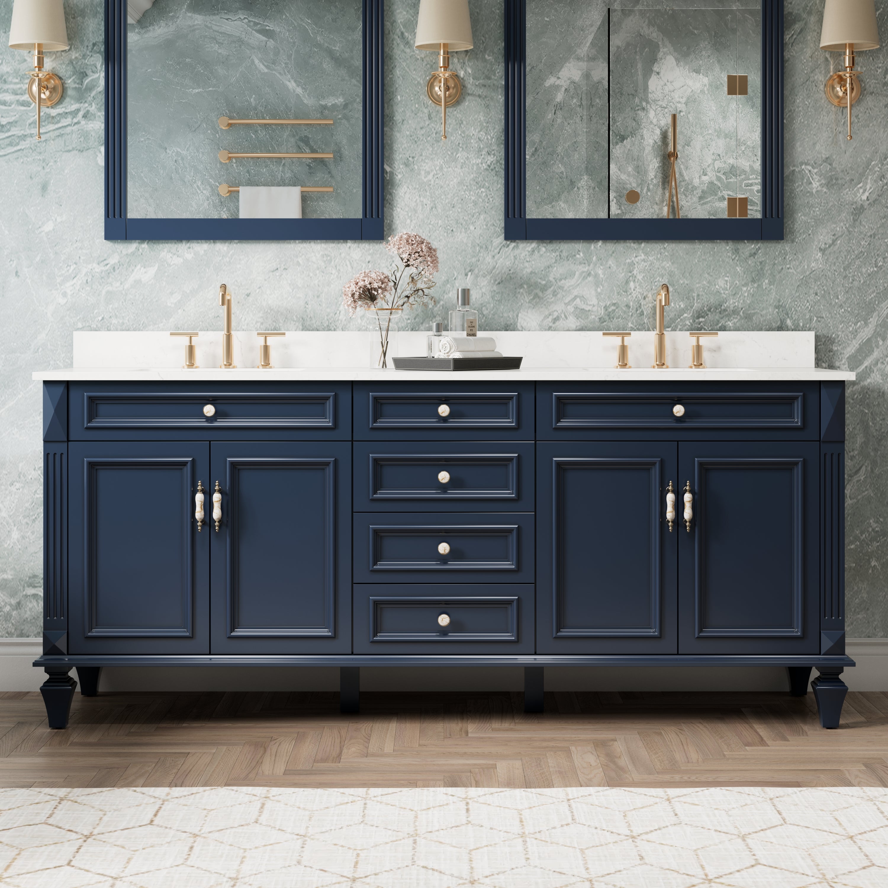 80 in. Freestanding Solid Wood Bathroom Vanity with Carrara White Quartz Countertop, Navy Blue