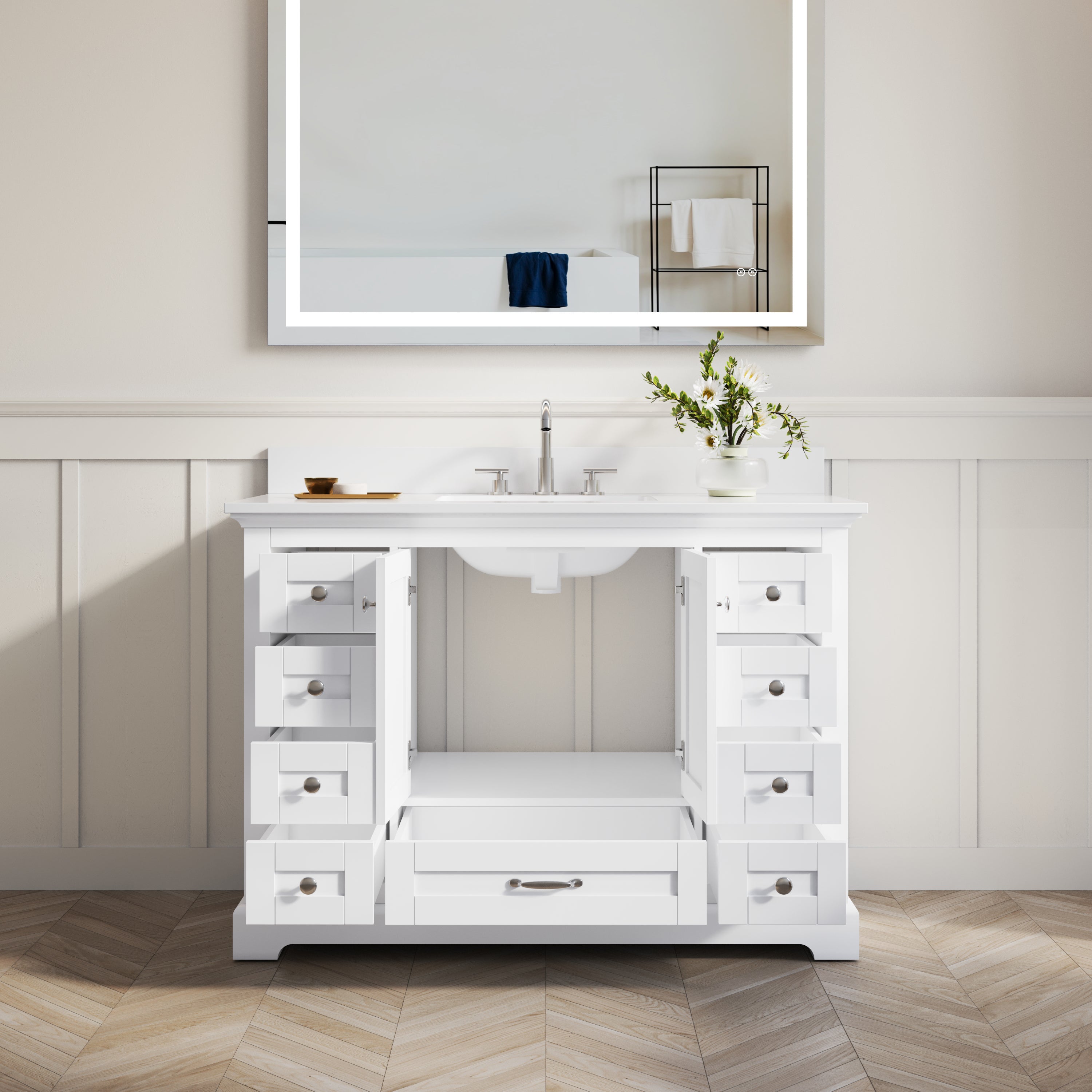 48 Inch White Bathroom Vanity with cUPC Undermount Basin with 2 Doors and 9 Drawers