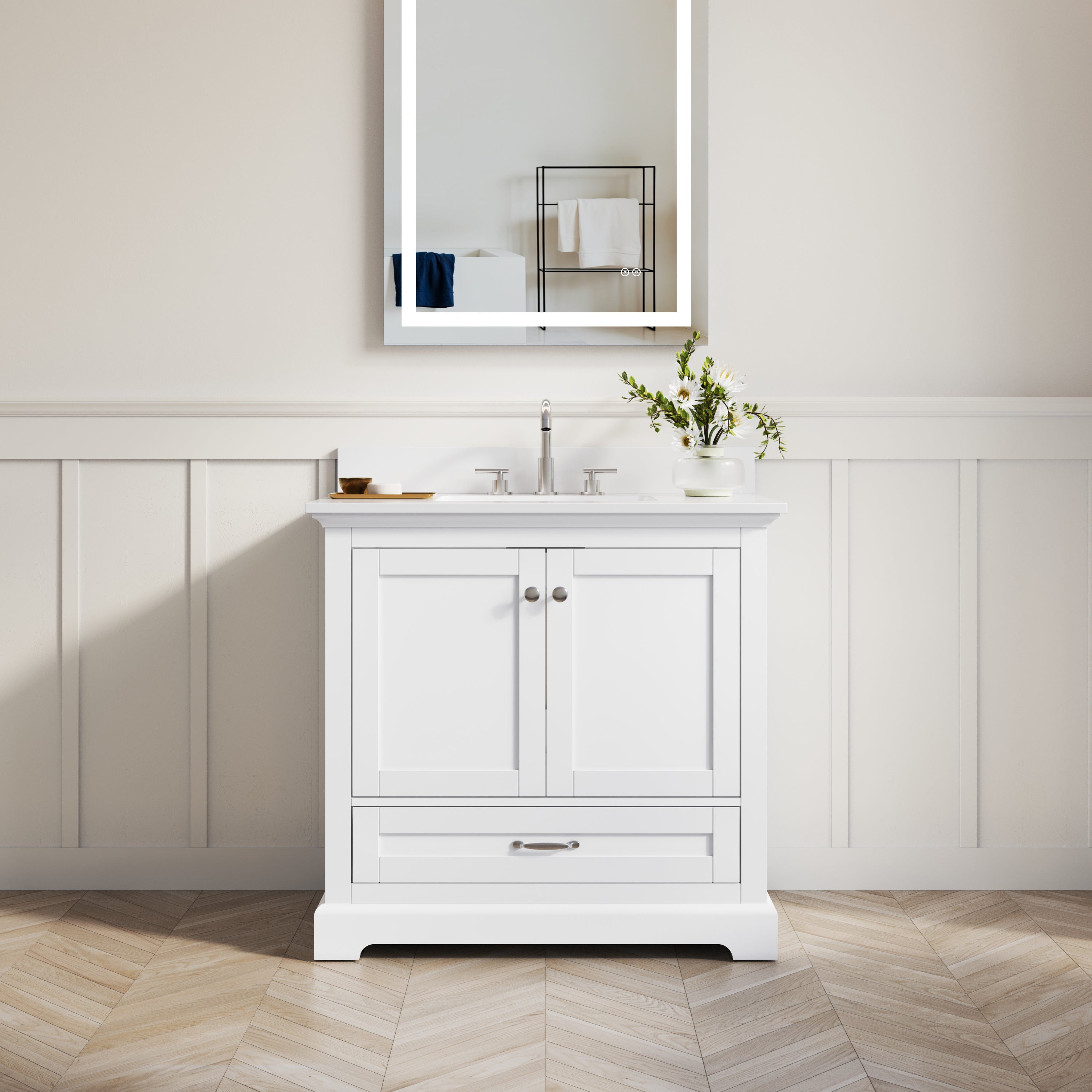 36 Inch White Bathroom Vanity with cUPC Undermount Basin with 2 Doors and 1 Drawer