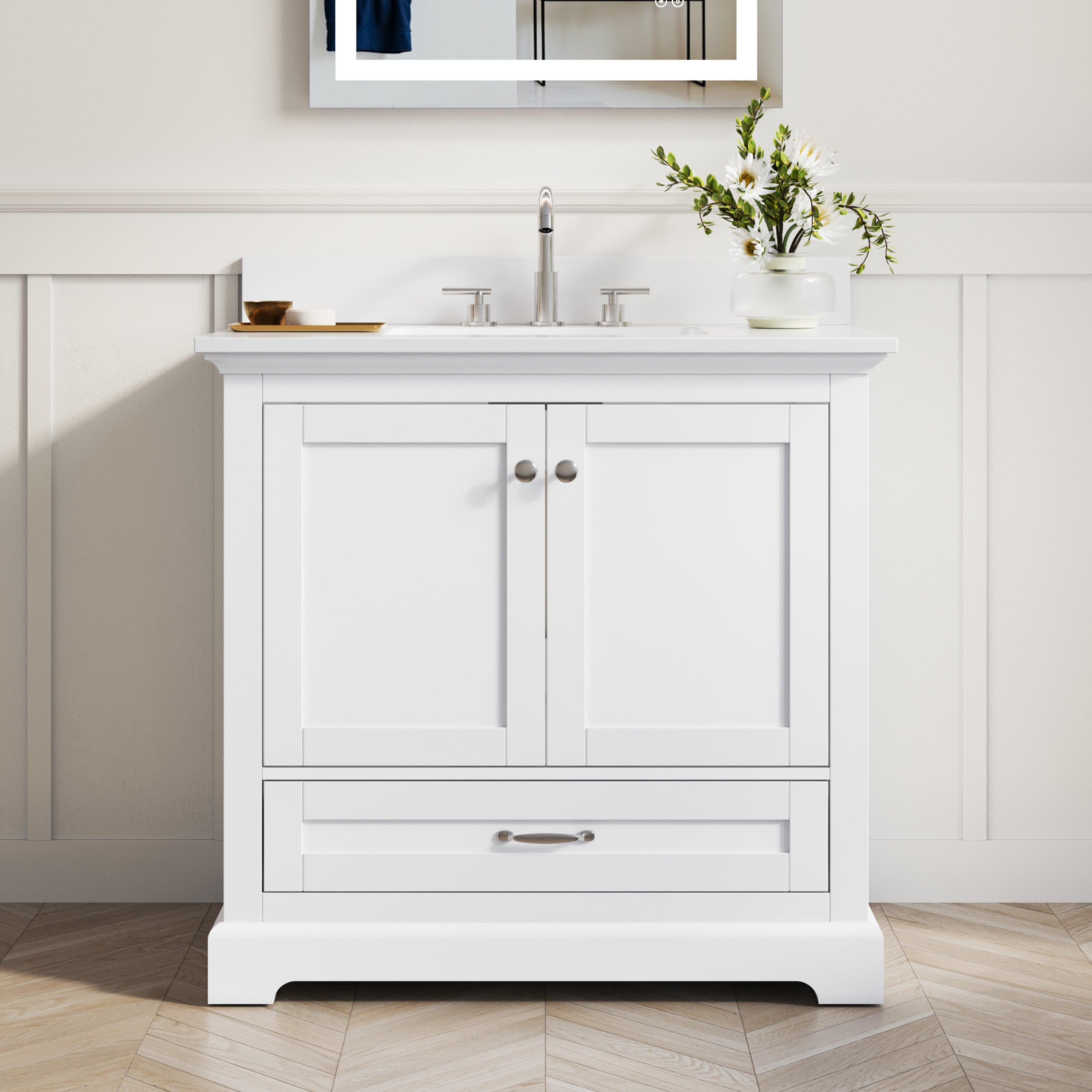 36 Inch White Bathroom Vanity with cUPC Undermount Basin with 2 Doors and 1 Drawer