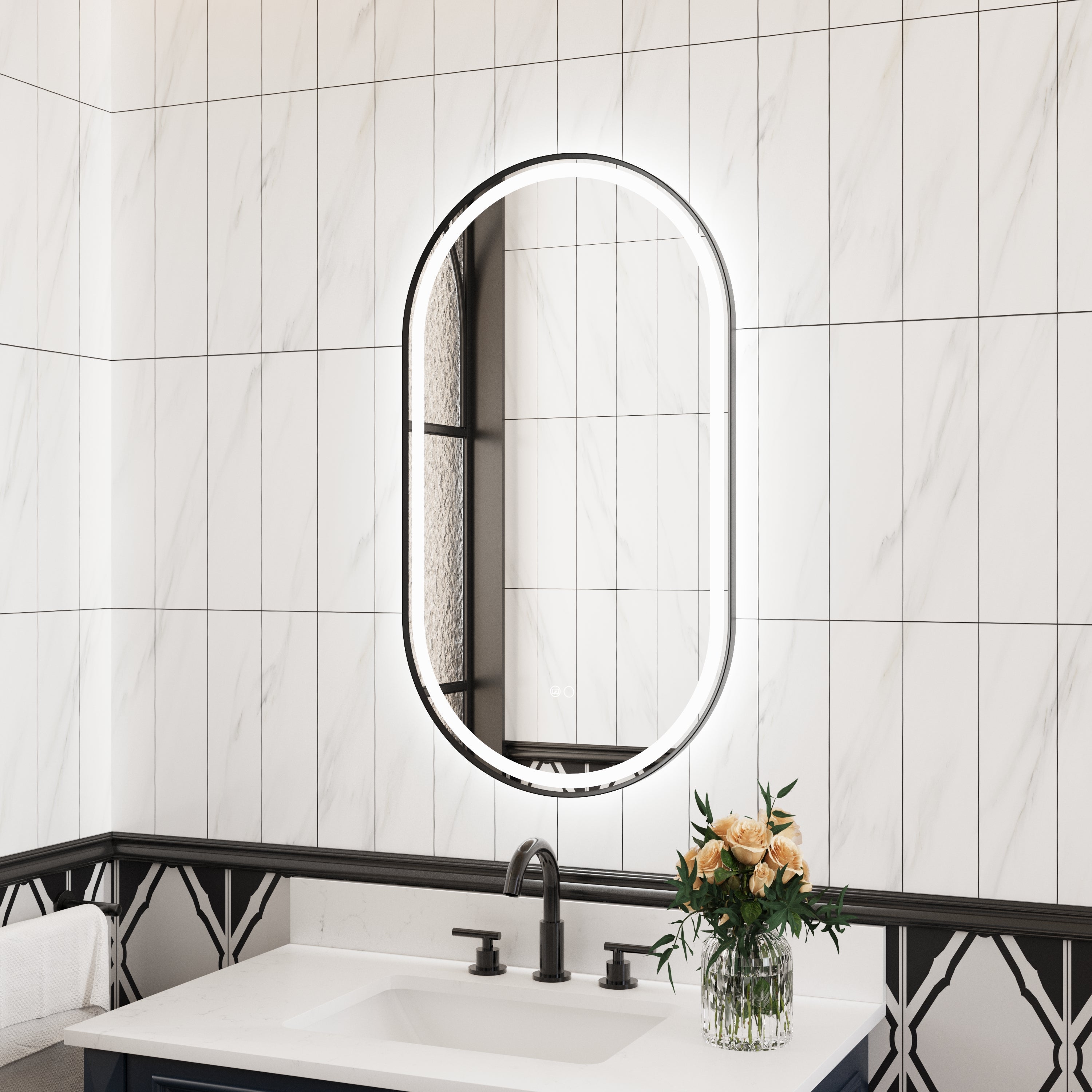20 in. W x 36 in. H Oval Framed LED Wall-Mounted Bathroom Vanity Mirror in Matte Black