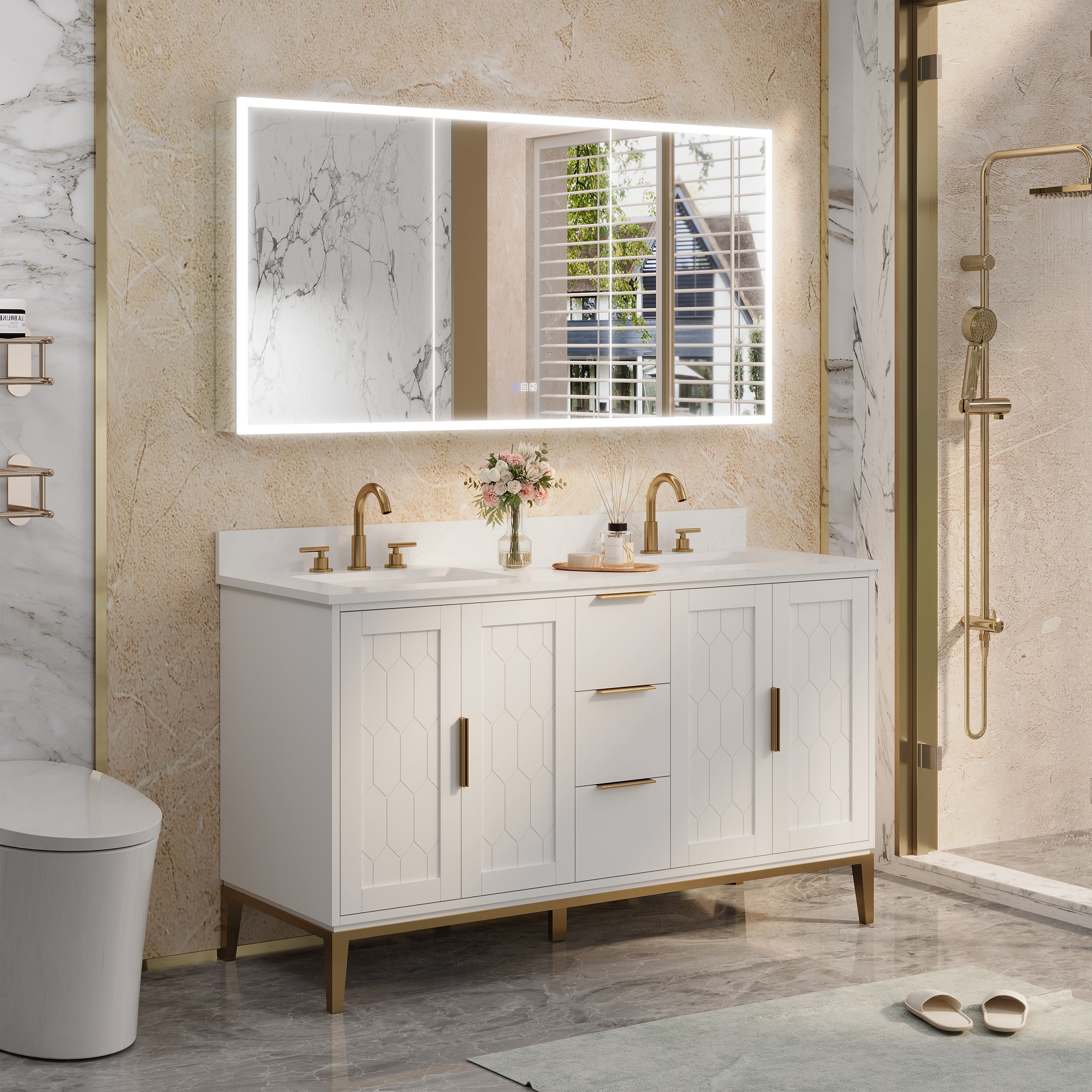 60 in. x 30 in. Rectangular Recessed/Surface Mount Medicine Cabinet with Mirror and LED Light