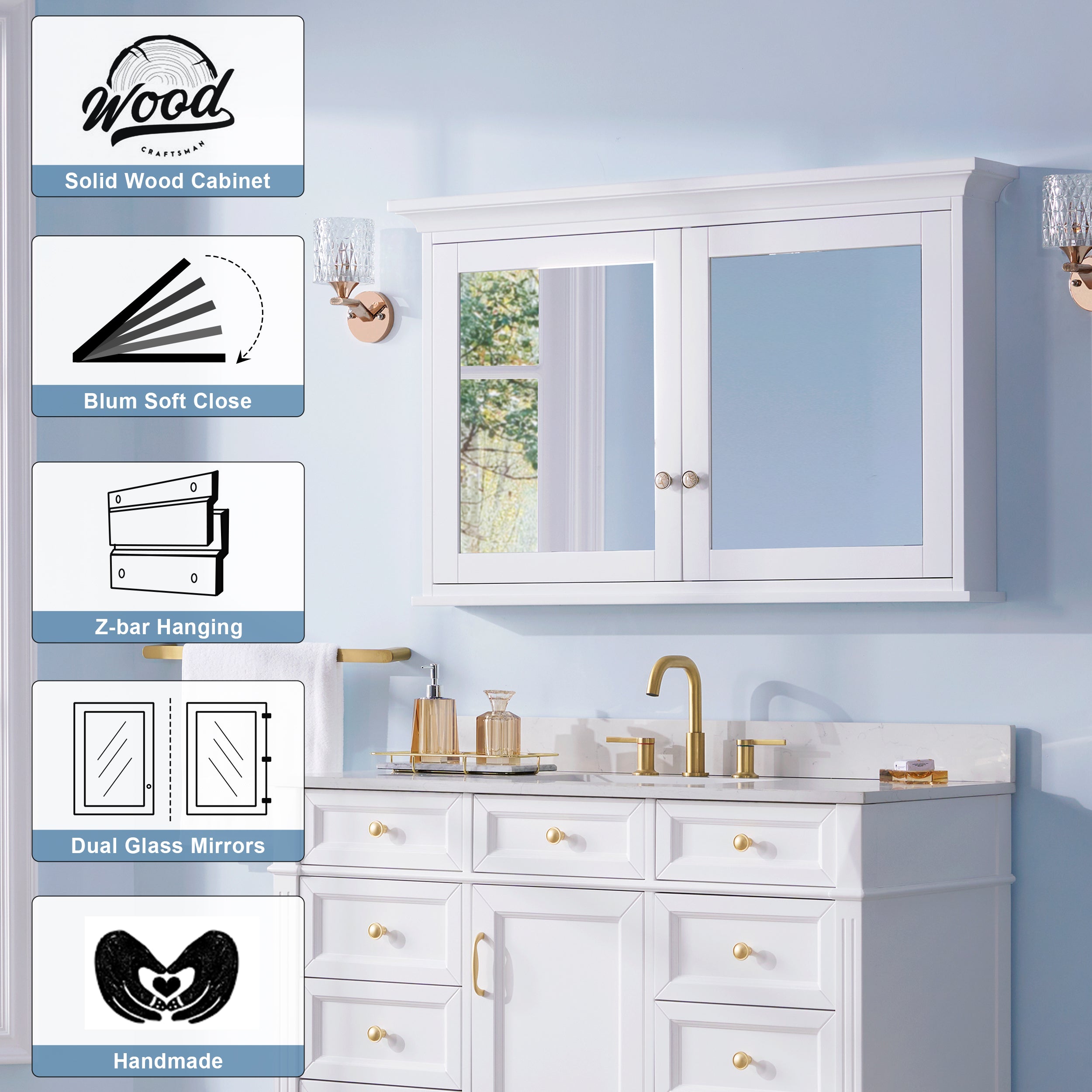 48 in.W x 30 in.H Surface-Mount Solid Wood Bathroom Medicine Cabinet with Mirror in White