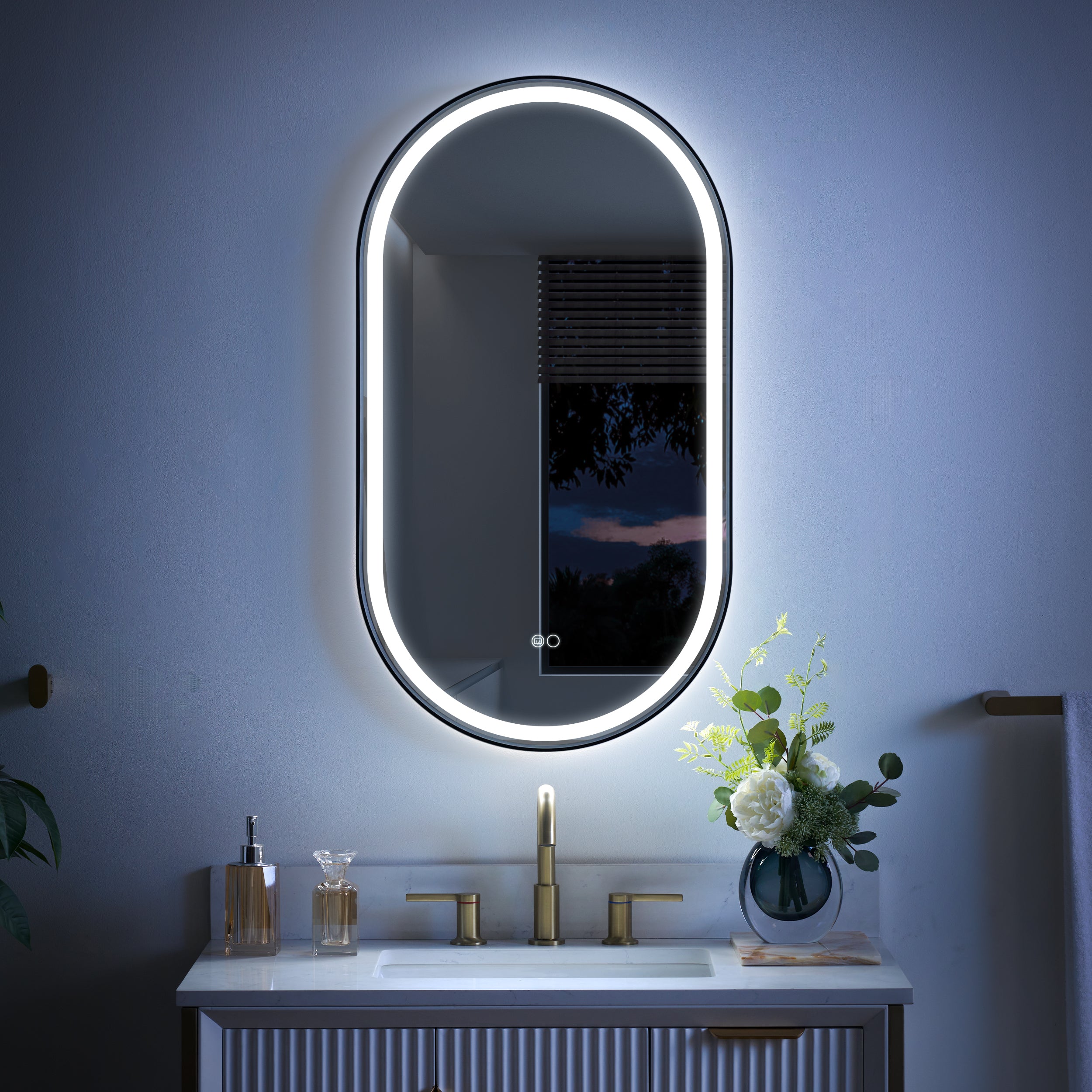 20 in. W x 36 in. H Oval LED Framed Mirror, Anti-Fog, Dimmable in Matte Black