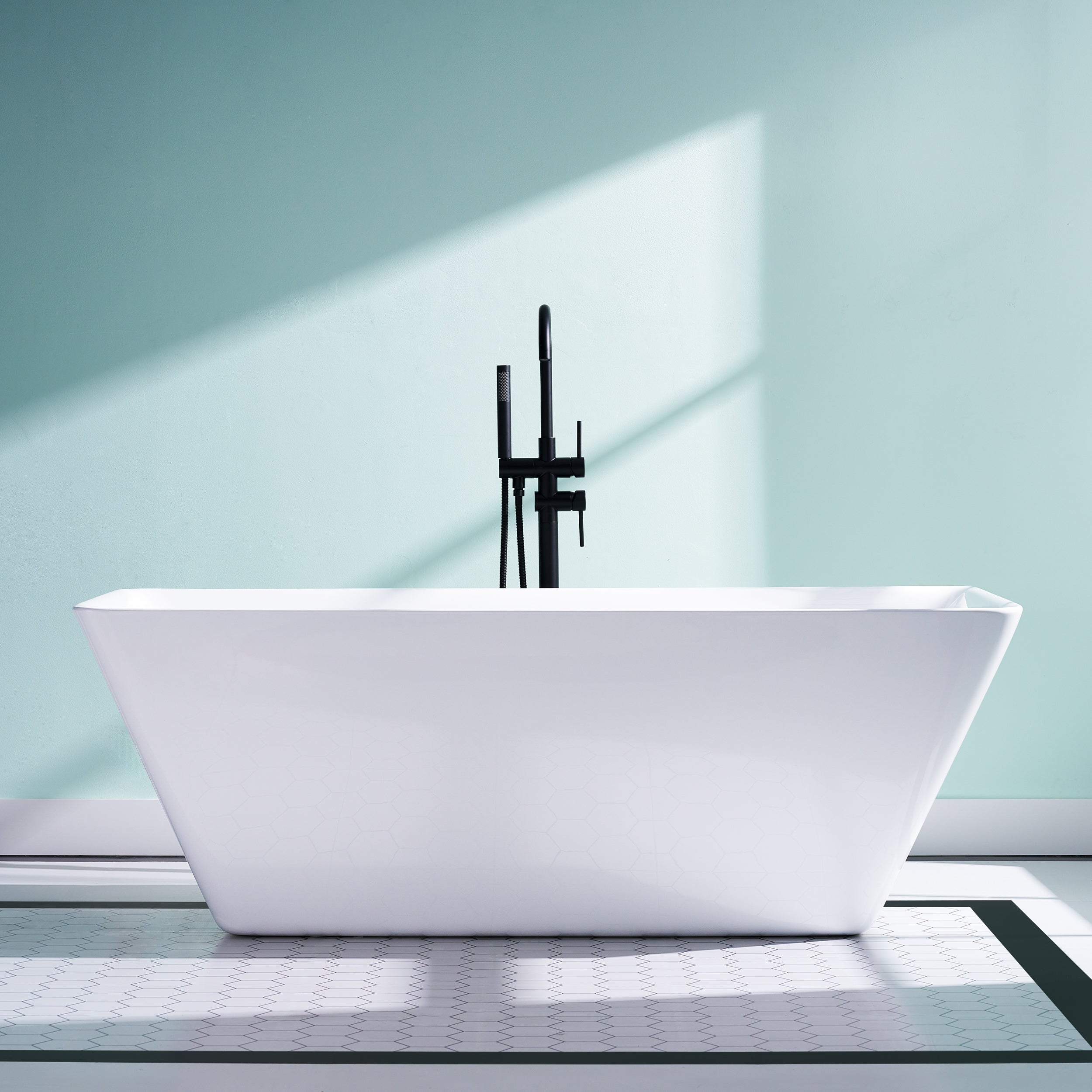 66" Freestanding Glossy White Acrylic Bathtub with Overflow and Drain Rectangle Tub