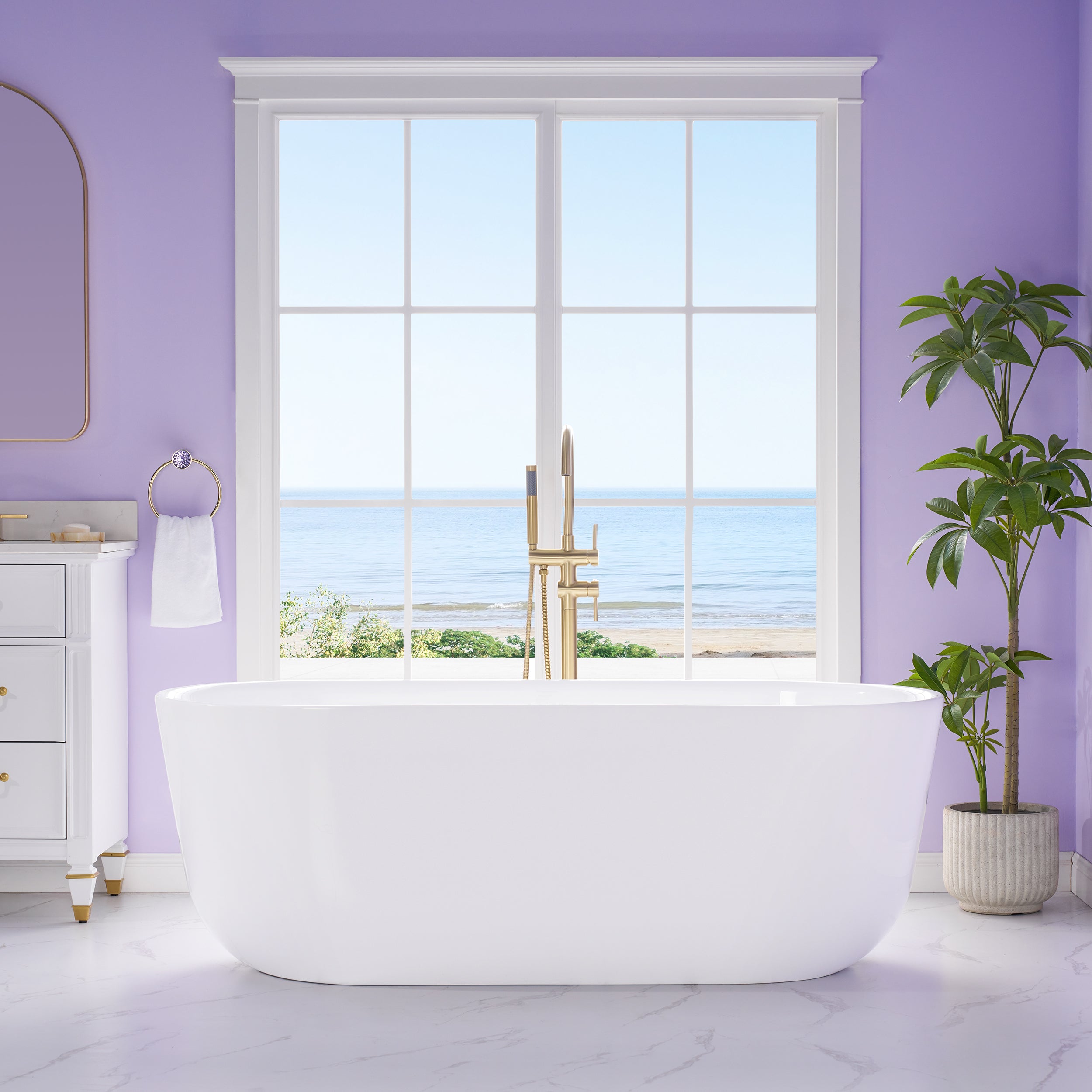 67" Freestanding Glossy White Acrylic Bathtub with Integrated Overflow and Chrome Drain