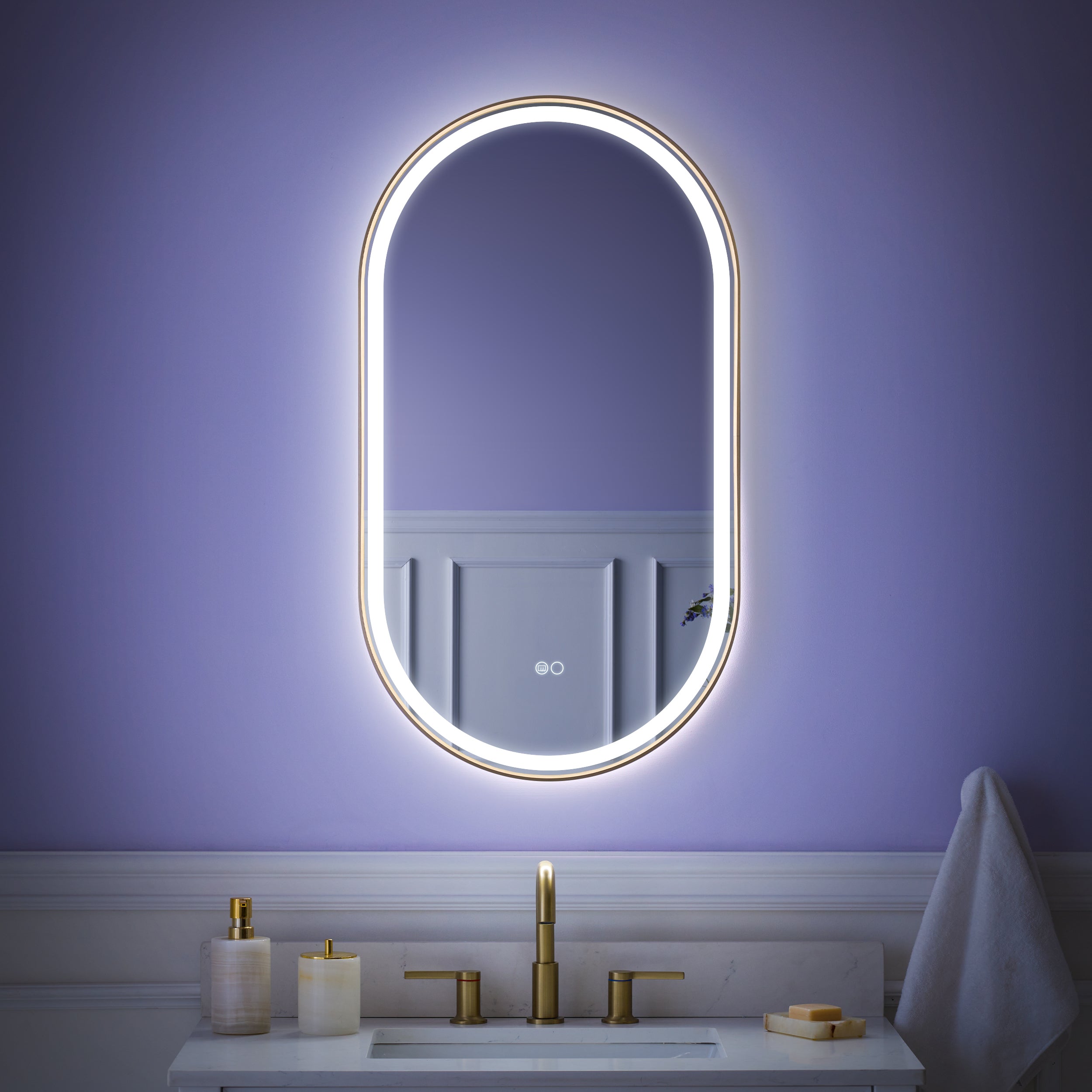 20 in. W x 36 in. H Oval LED Framed Mirror, Anti-Fog, Dimmable in Brushed Gold