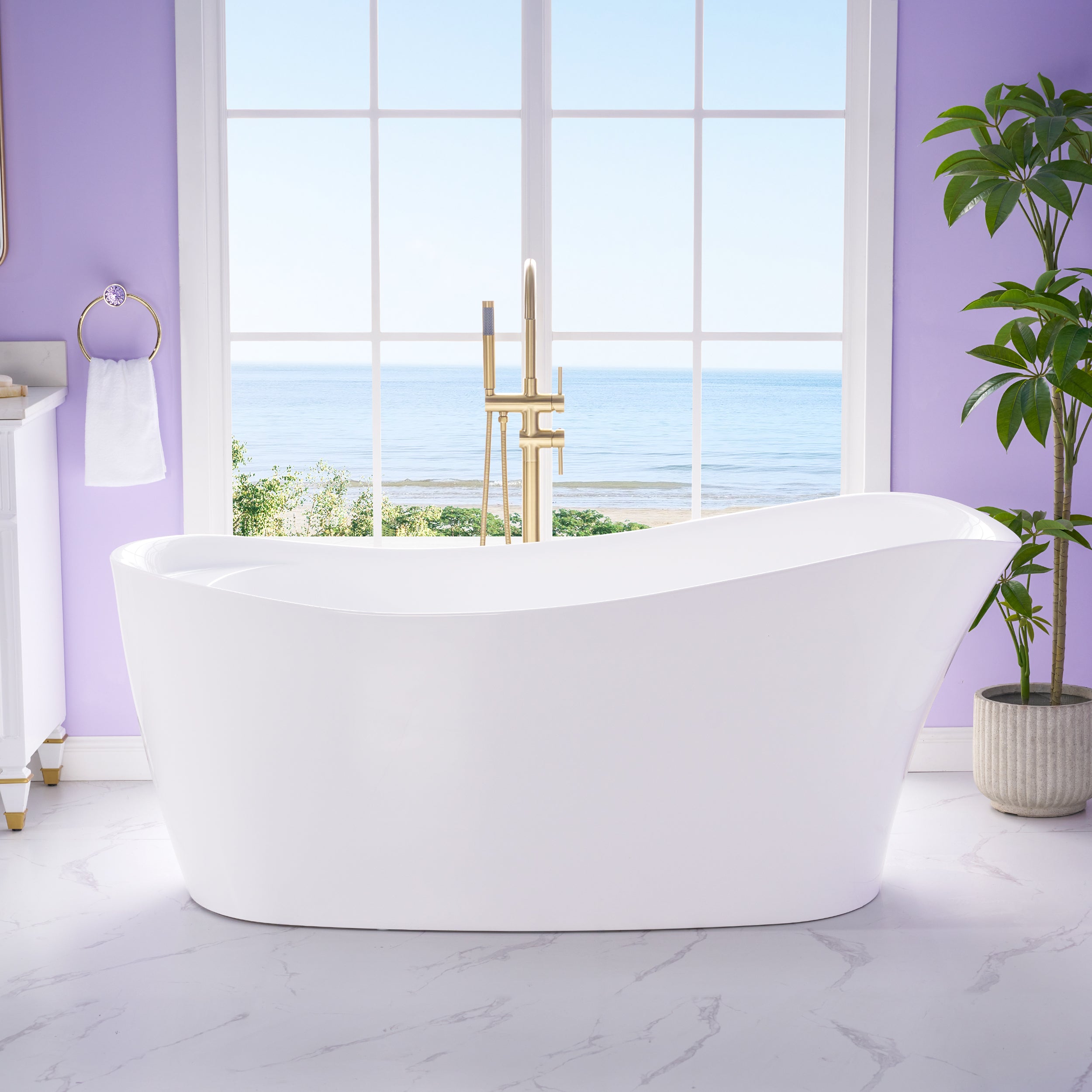 69" Freestanding Glossy White Acrylic Bathtub with Slotted Overflow and Drainer