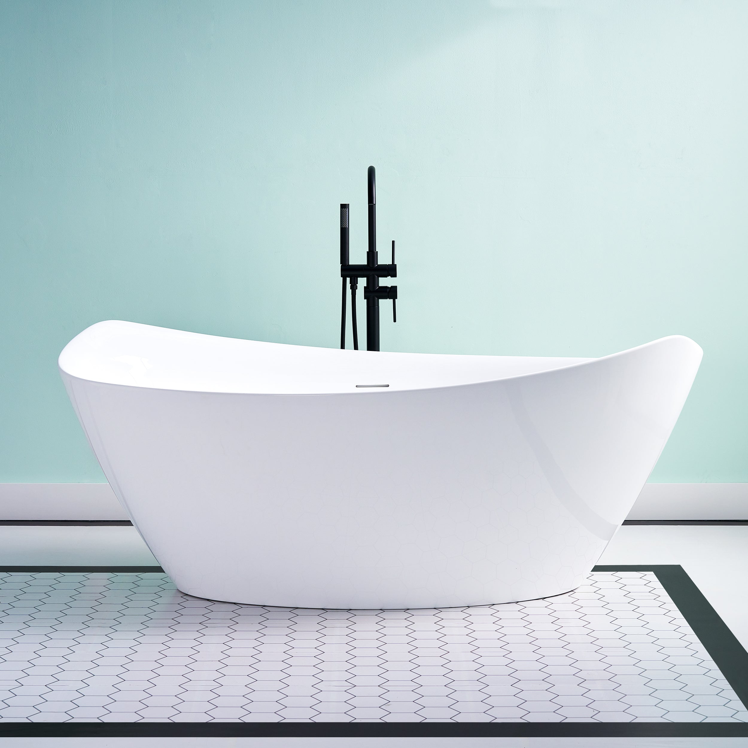 70" Freestanding Glossy White Acrylic Bathtub with Overflow and Drain