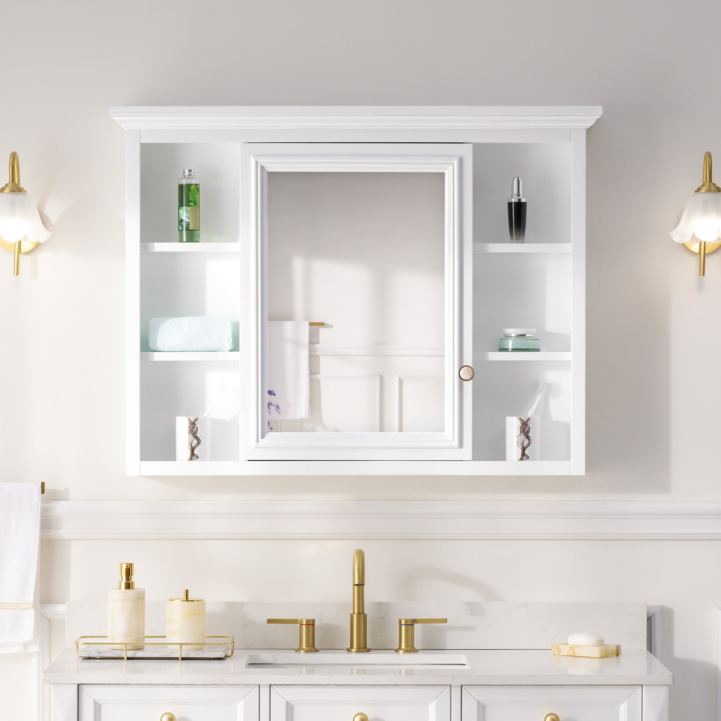 40 in. W x 30 in. H Rectangular White Solid Wood Surface-Mount Medicine Cabinet with Mirror