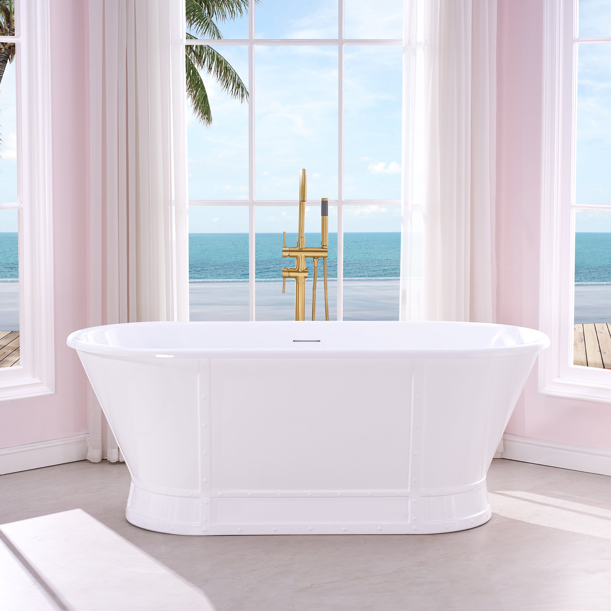 66" Freestanding Glossy White Acrylic Bathtub with Integrated Overflow