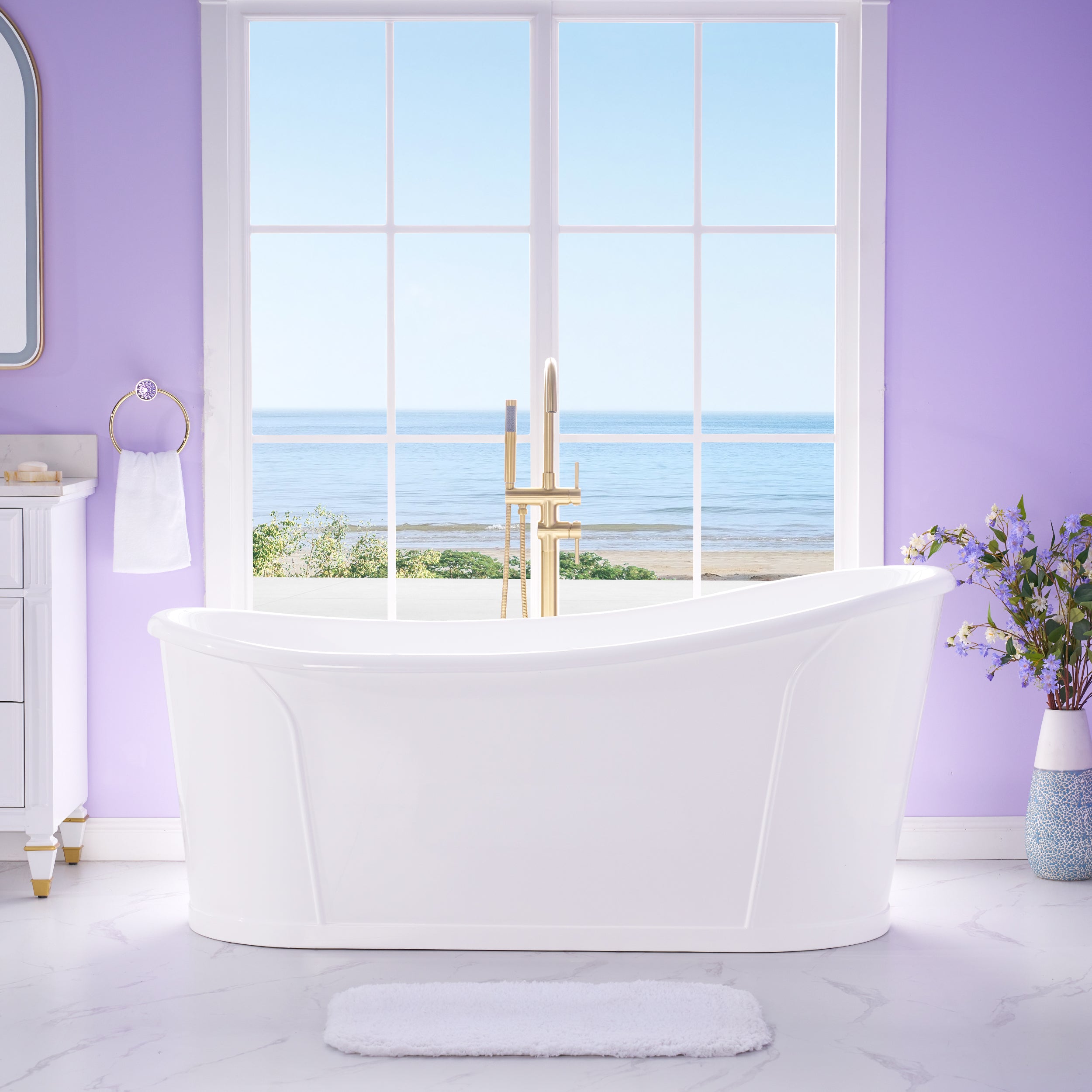 66" White Acrylic Freestanding Bathtub with Integrated Slotted Overflow