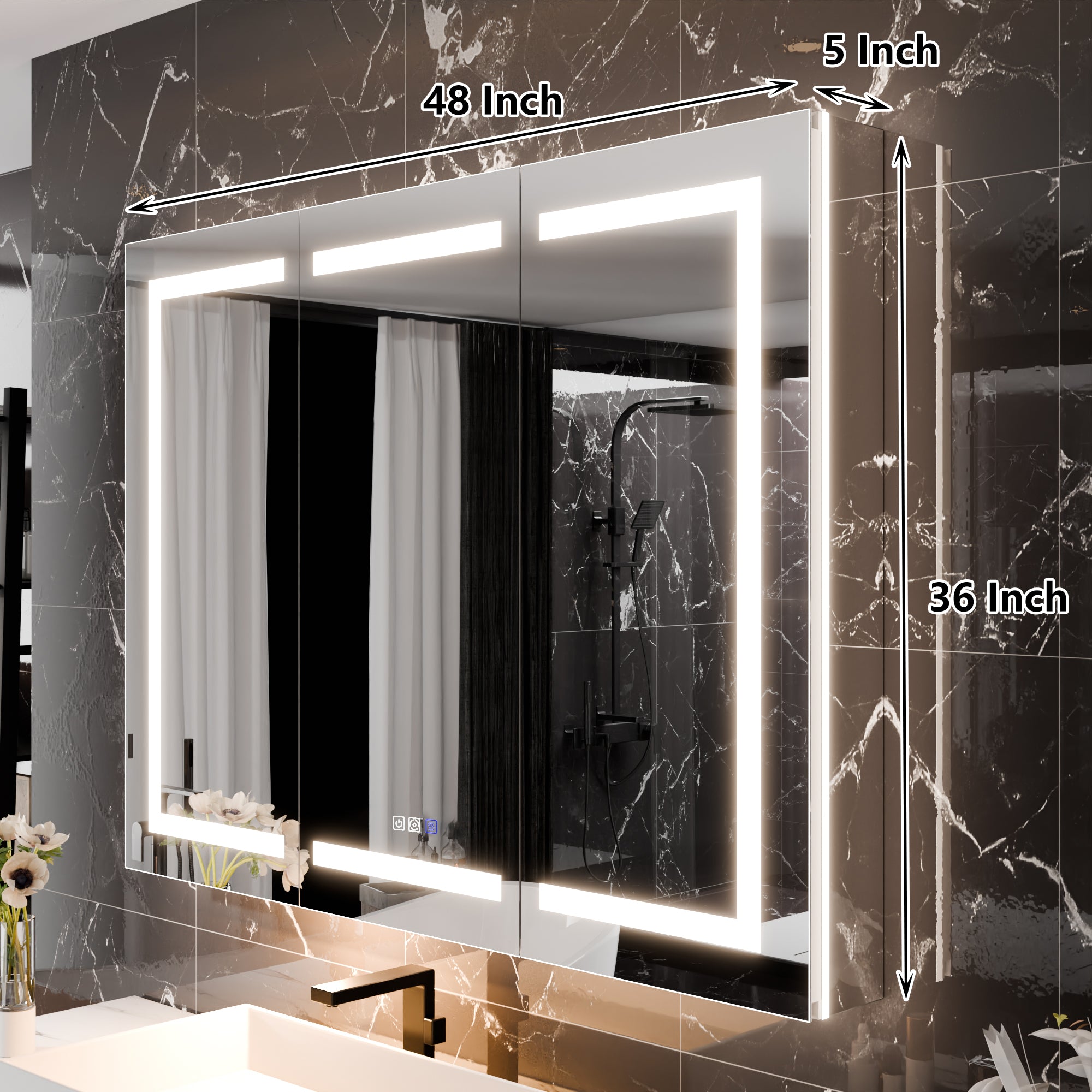 WELLFOR 48 in. x 36 in. Recessed/Surface Mount Right Medicine Cabinet with 5X Magnifier Mirror and Night Light