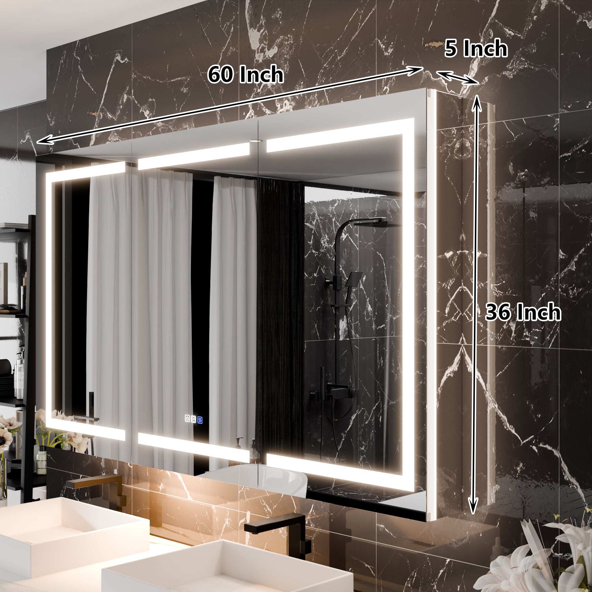 WELLFOR 60 in. x 36 in. Recessed/Surface Mount Right Medicine Cabinet with 5X Magnifier Mirror and Night Light