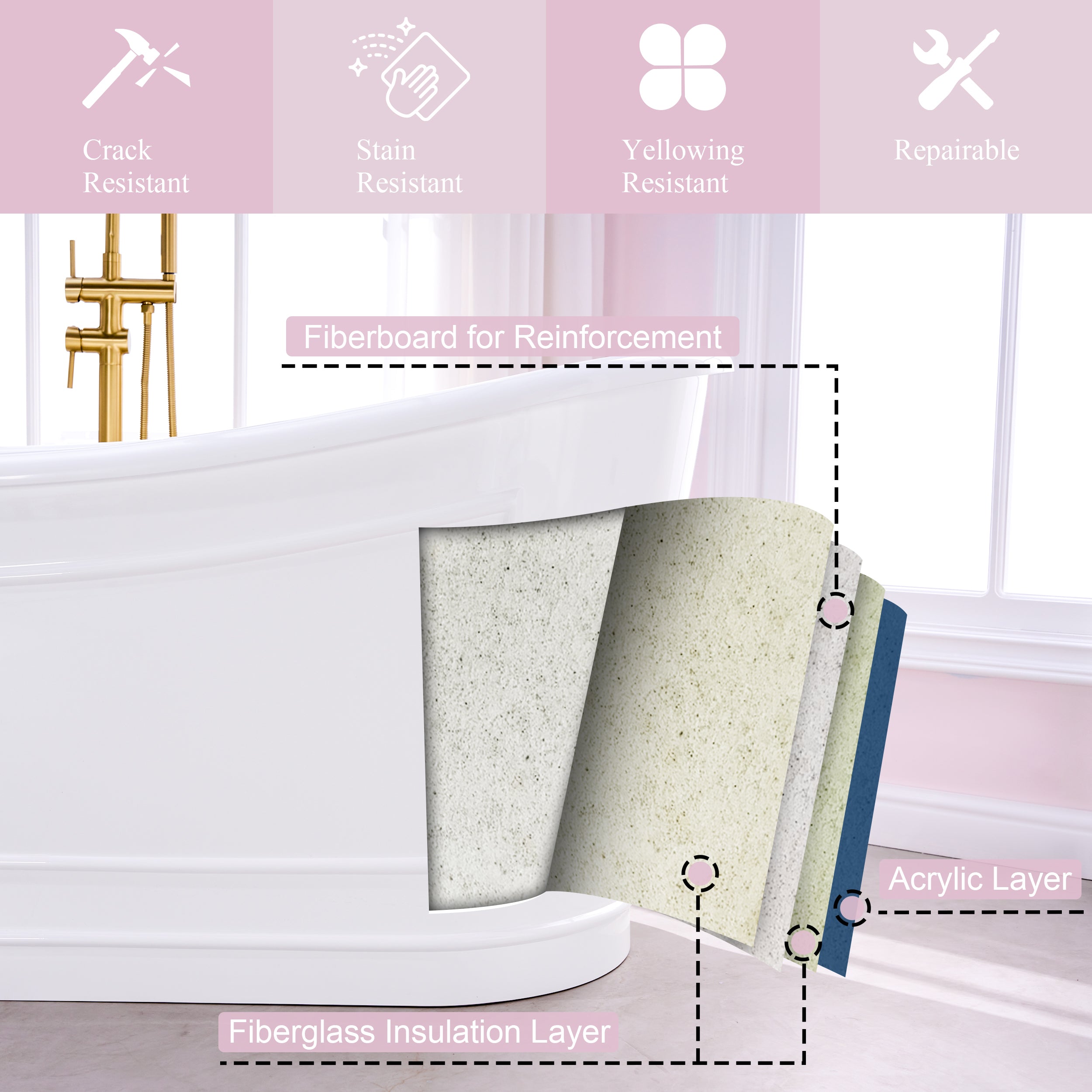 66" Glossy White Acrylic Freestanding Bathtub with Integrated Slotted Overflow