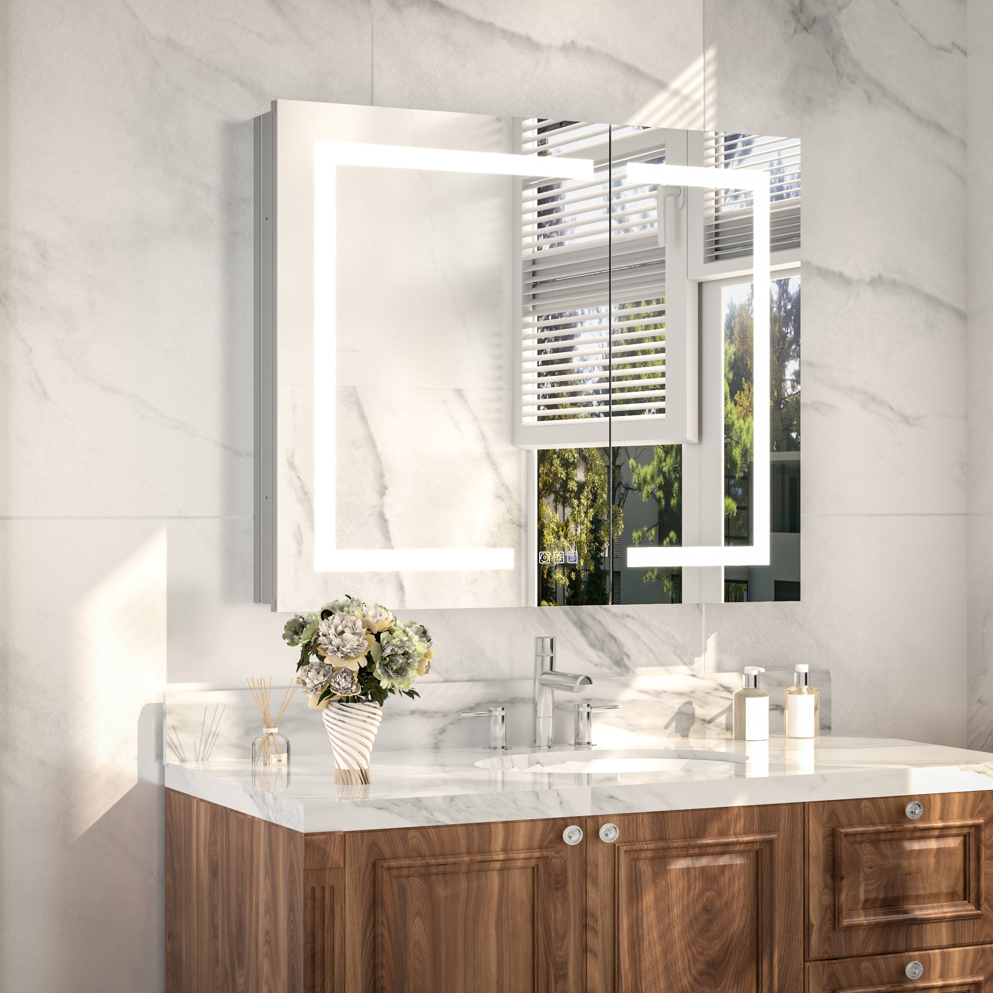 36 in. x 30 in. Recessed/Surface Mount Medicine Cabinet with Mirror and LED Light, All-Plastic Cabinet Body