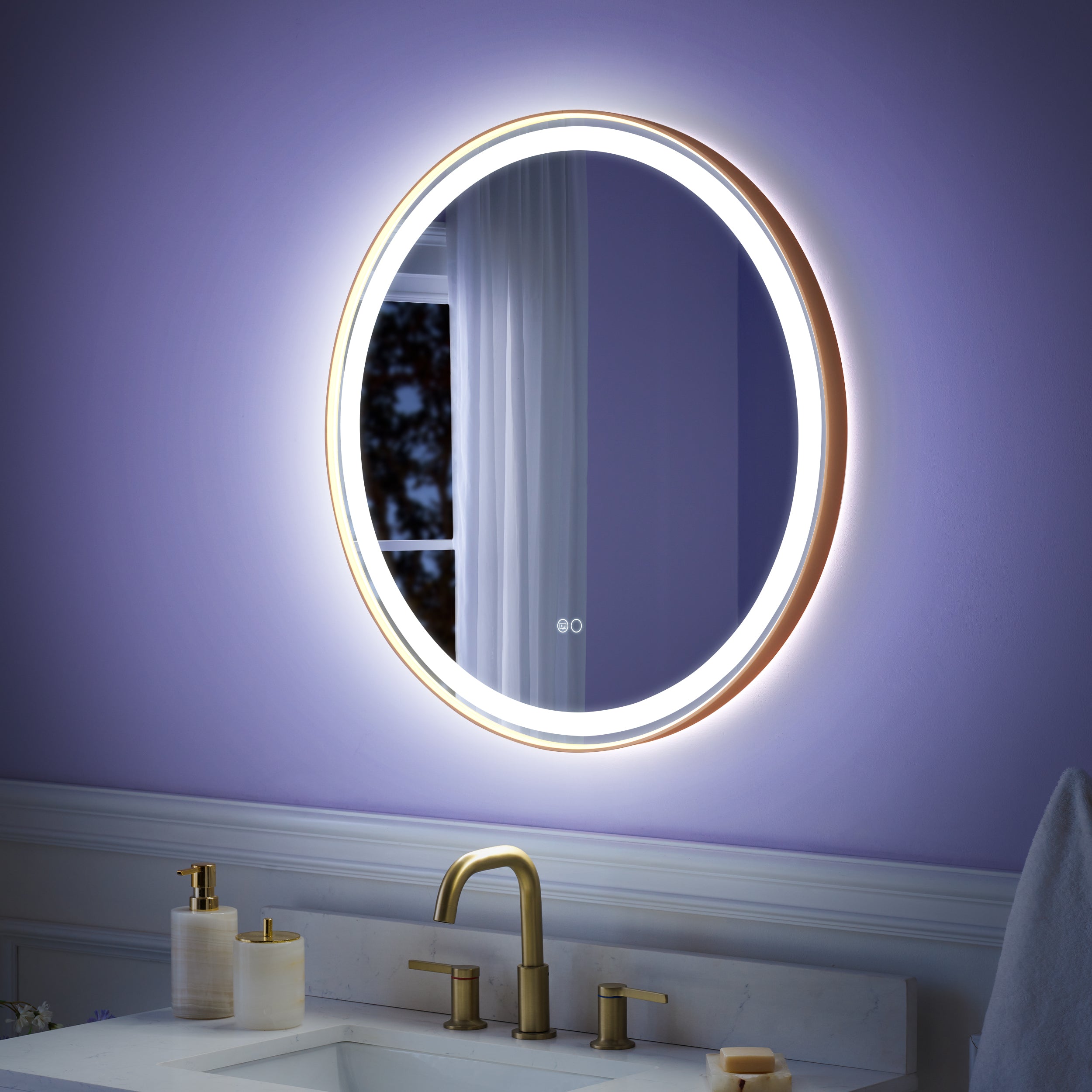 28 in. W x 28 in. H Framed Round LED Light Bathroom Vanity Mirror in Brushed Gold