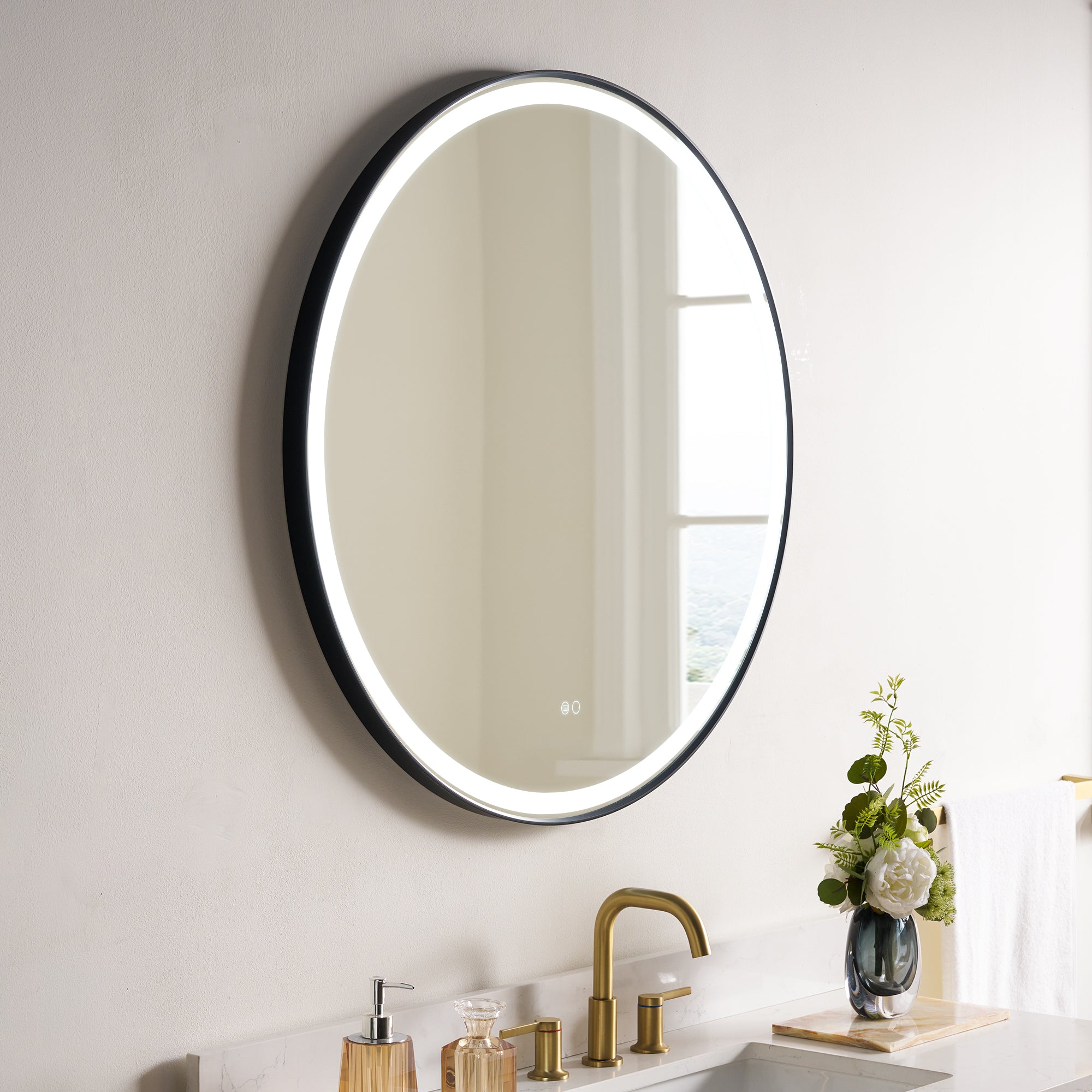 36 in. W x 36 in. H Framed Round LED Light Bathroom Vanity Mirror in Matte Black
