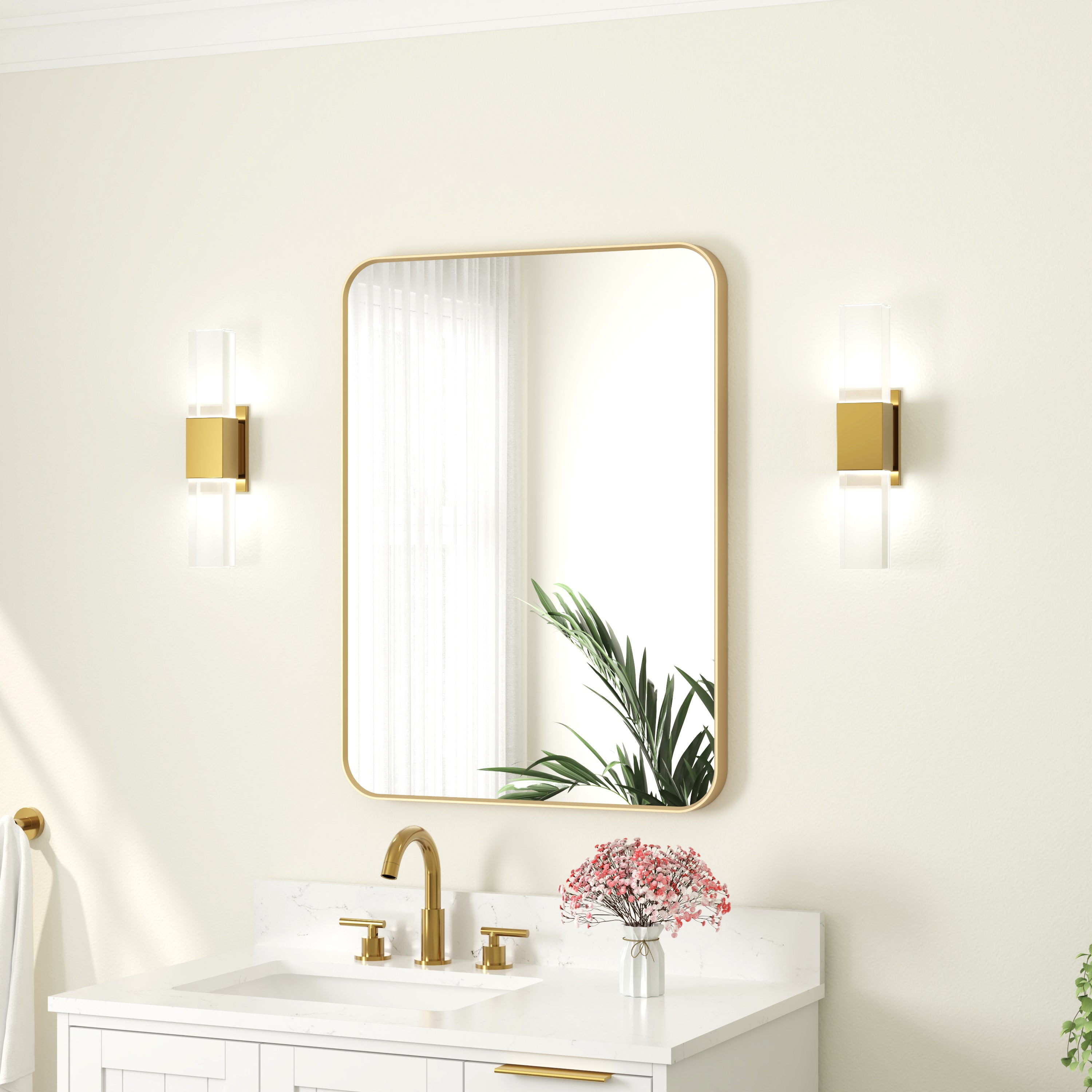 24-in W x 36-in H Rectangular Framed Bathroom Vanity Mirror in Brushed Gold