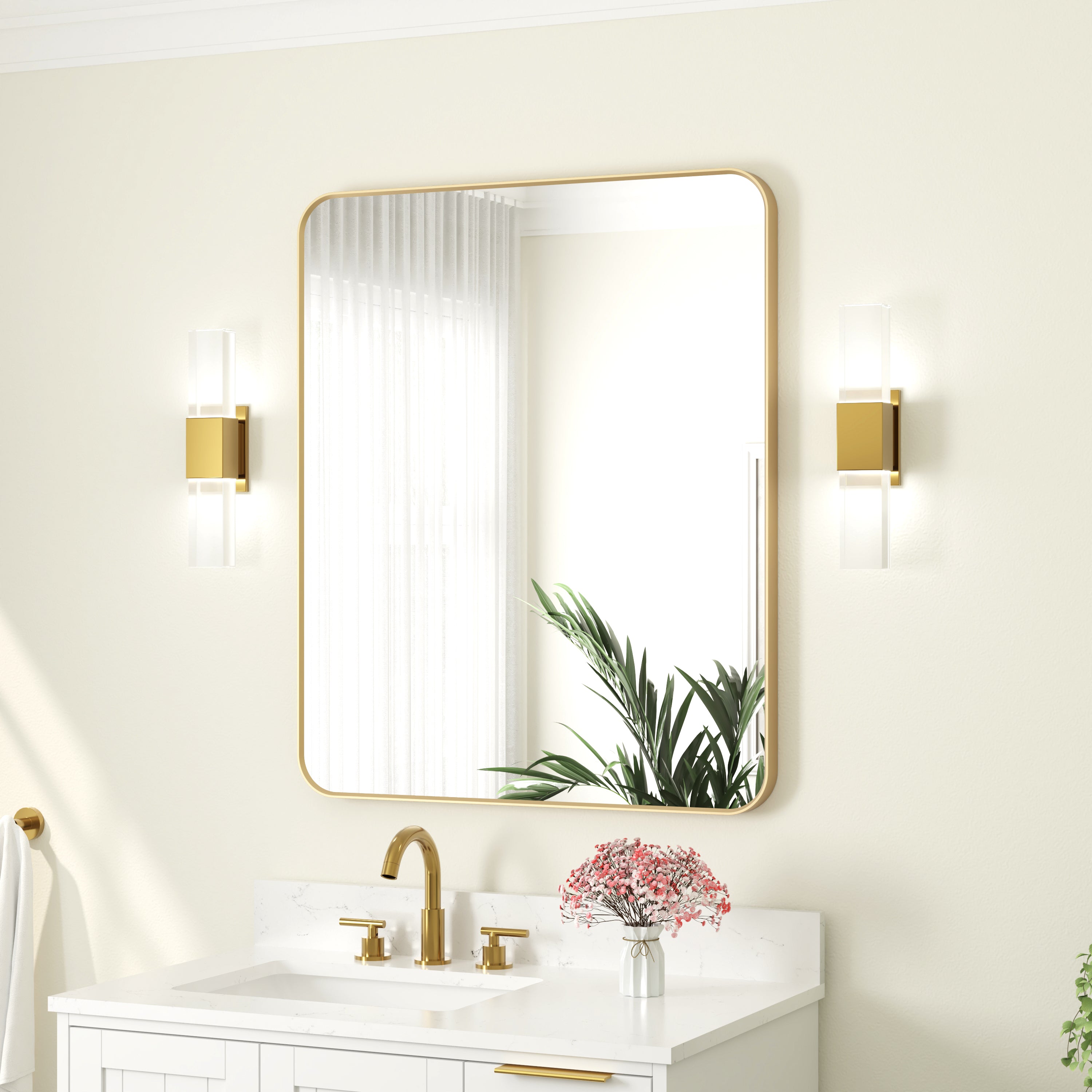 30-in W x 36-in H Rectangular Framed Bathroom Vanity Mirror in Brushed Gold