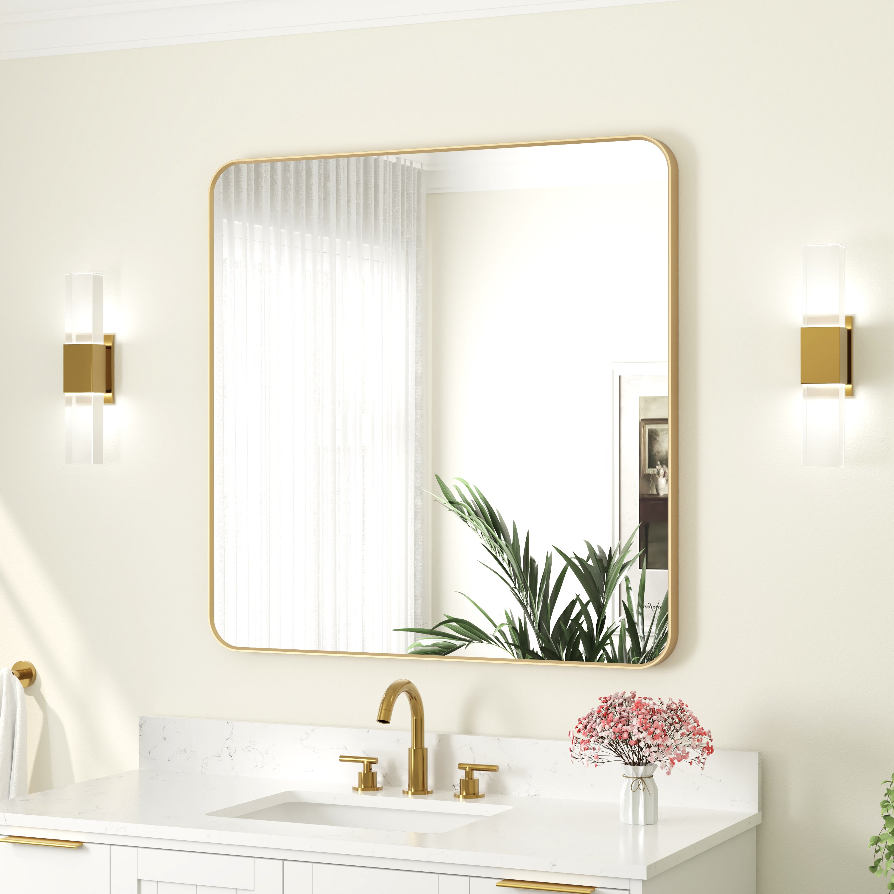 36-in W x 36-in H Rectangular Framed Bathroom Vanity Mirror in Brushed Gold