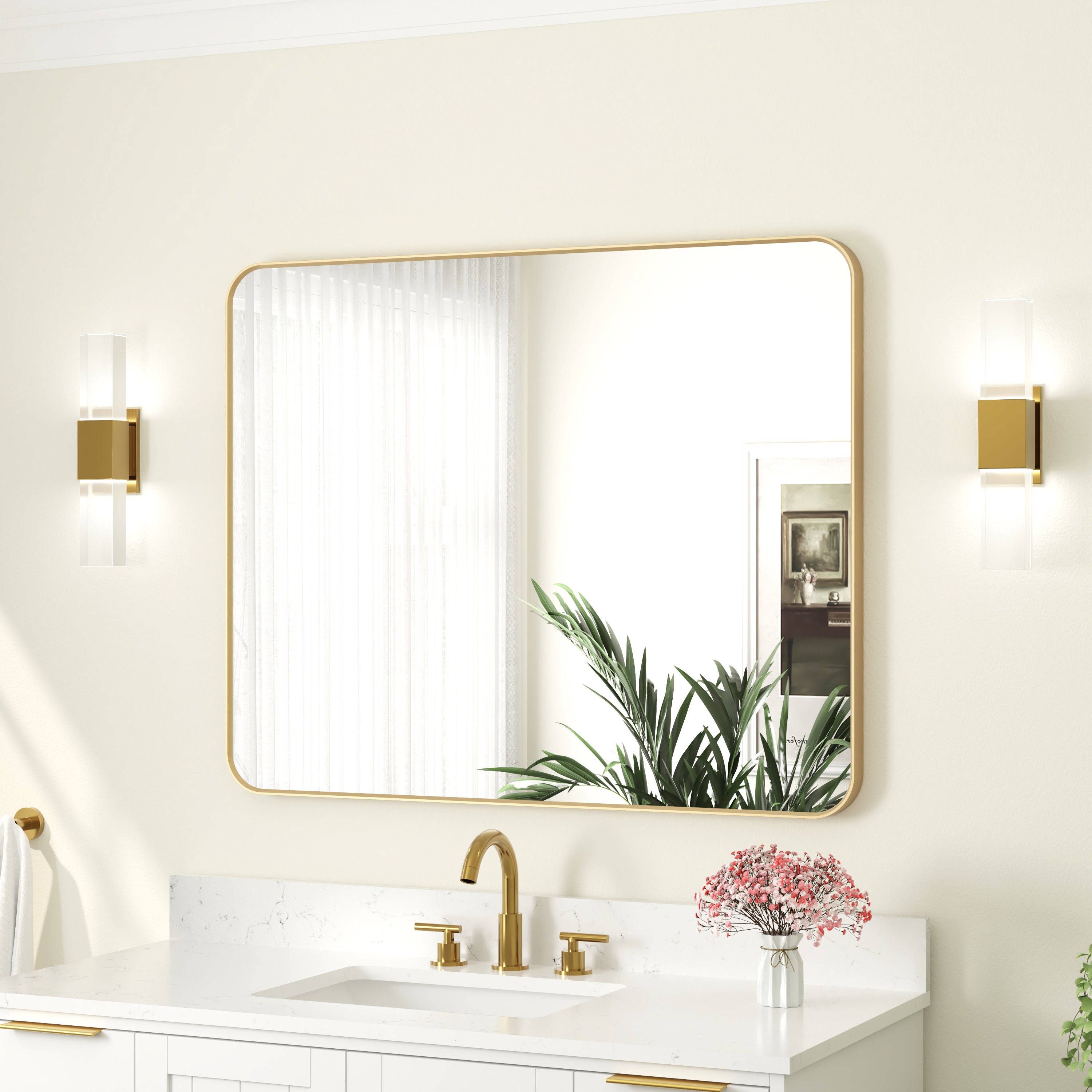40-in W x 32-in H Rectangular Framed Bathroom Vanity Mirror in Brushed Gold