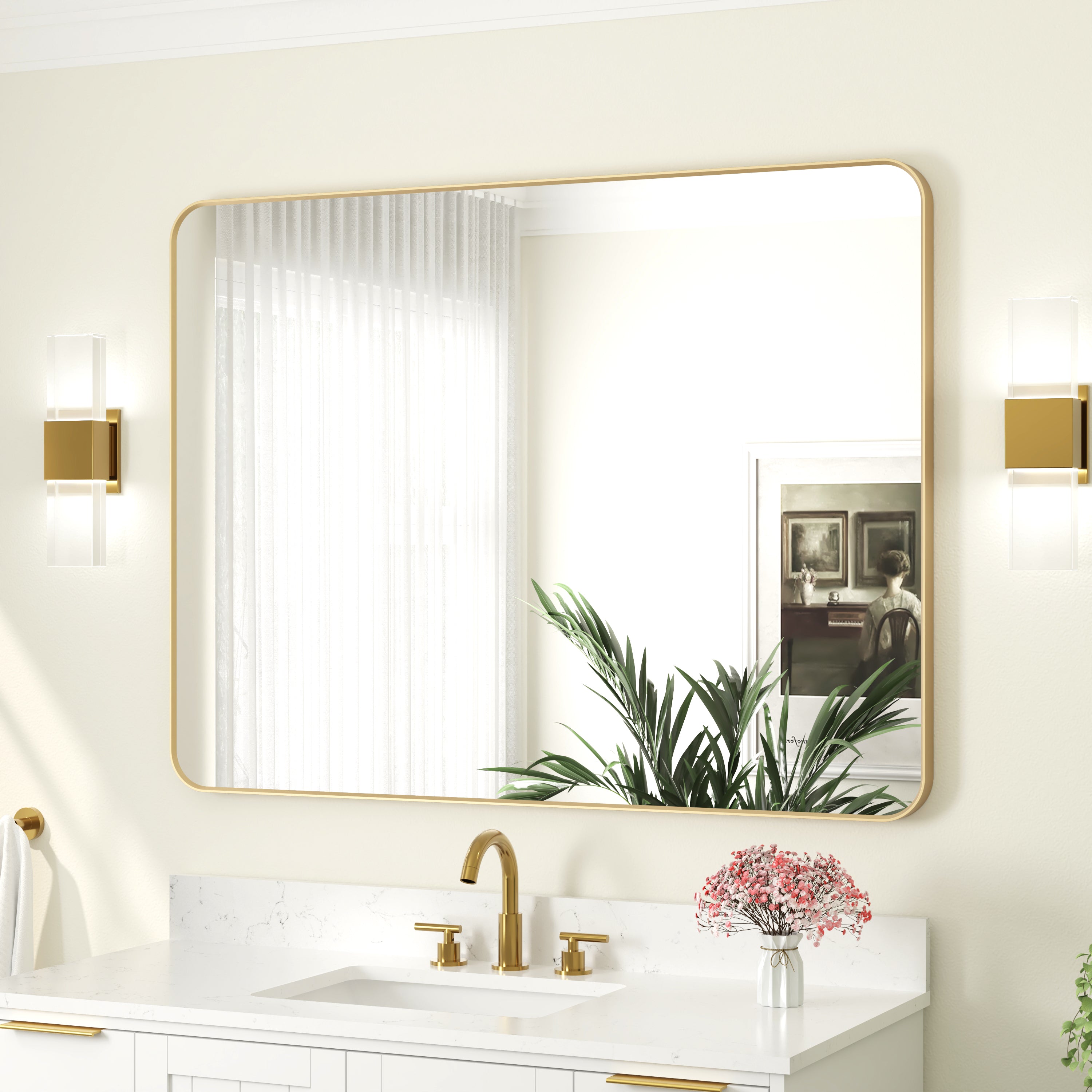 48-in W x 36-in H Brushed Gold Rectangular Framed Bathroom Vanity Mirror
