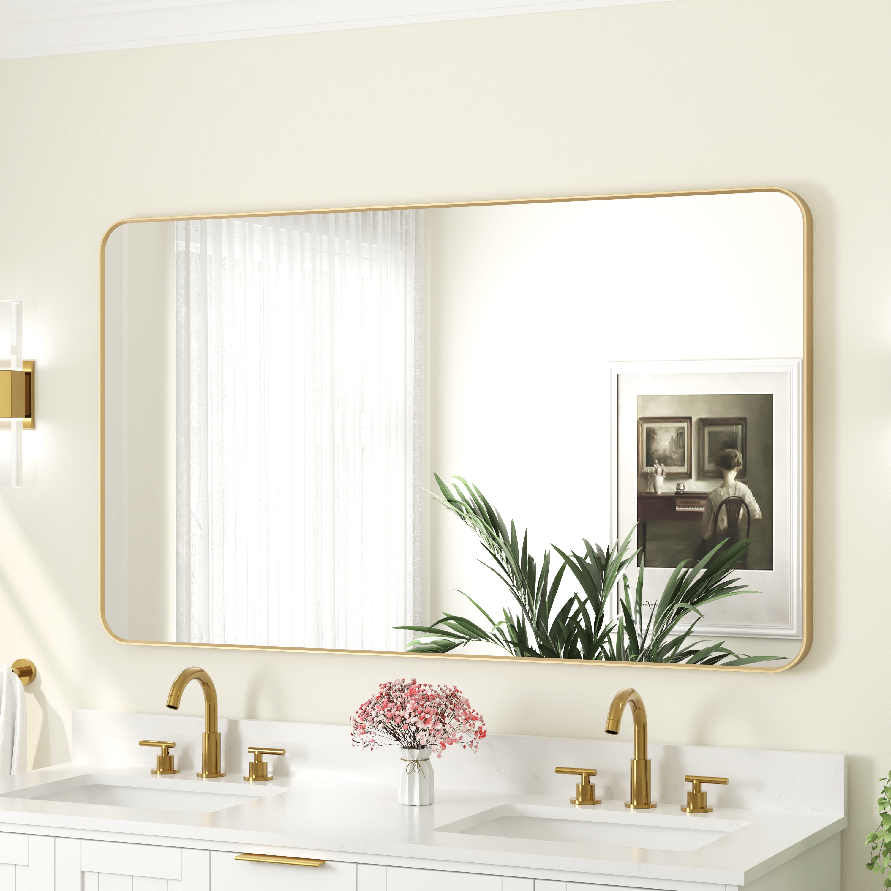 55-in W x 32-in H Brushed Gold Rectangular Framed Bathroom Vanity Mirror