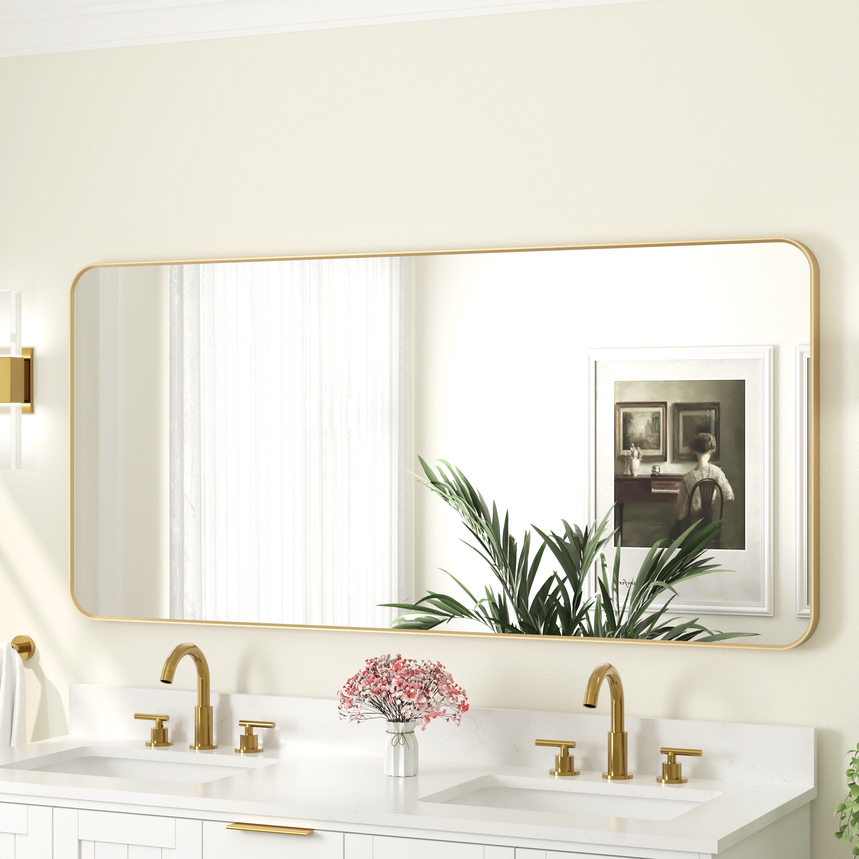 60-in W x 28-in H Brushed Gold Rectangular Framed Bathroom Vanity Mirror