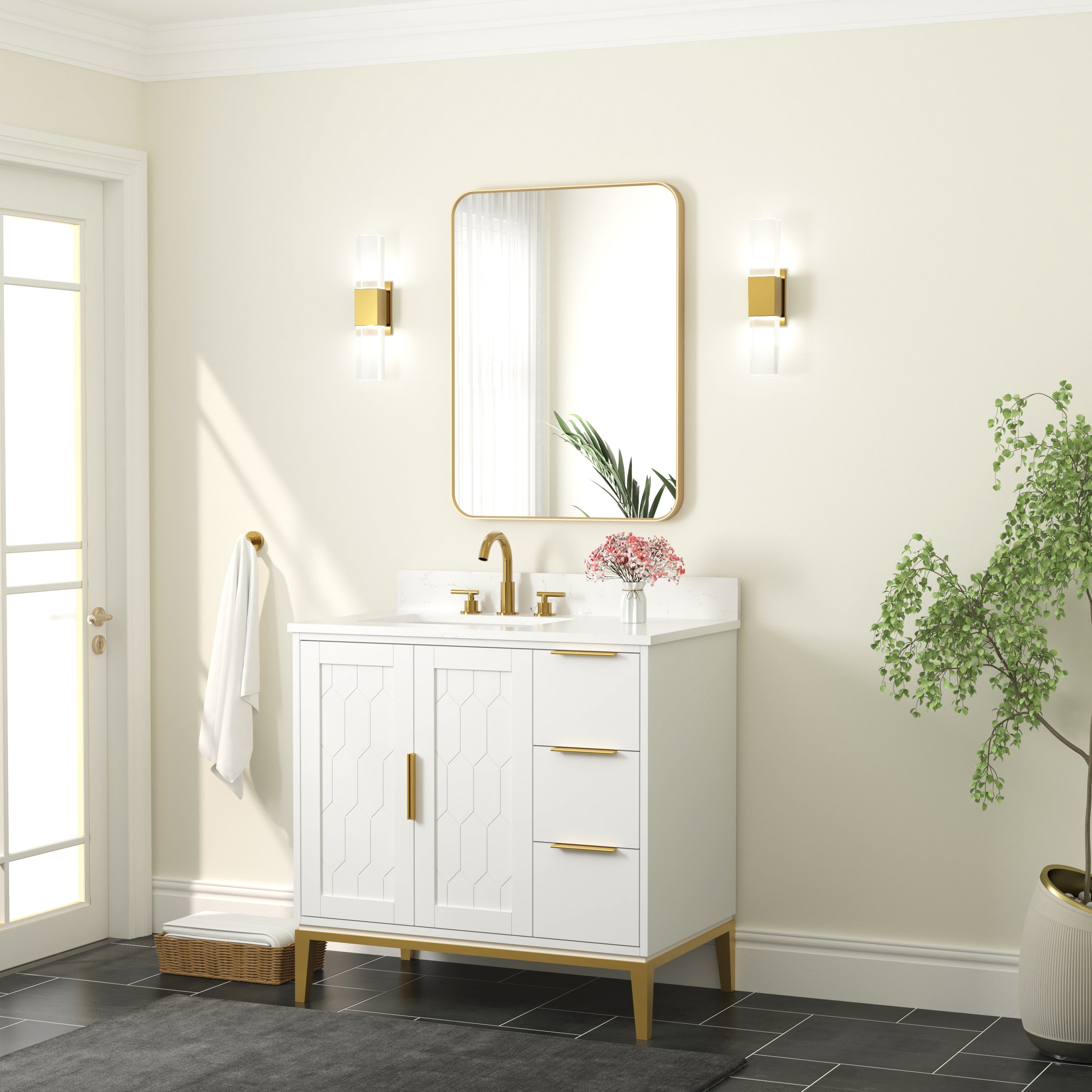 24-in W x 32-in H Rectangular Framed Bathroom Vanity Mirror in Brushed Gold