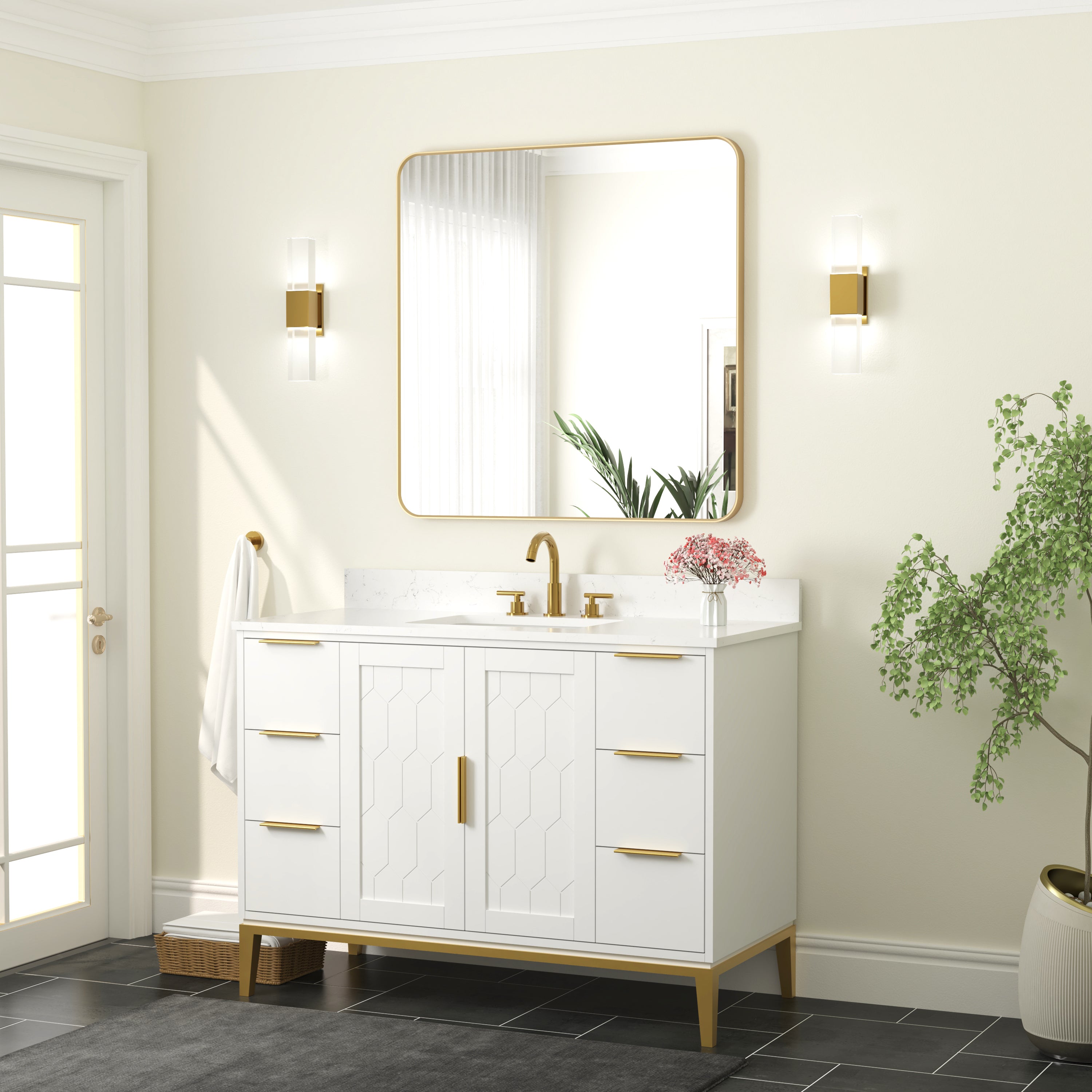 36-in W x 36-in H Rectangular Framed Bathroom Vanity Mirror in Brushed Gold