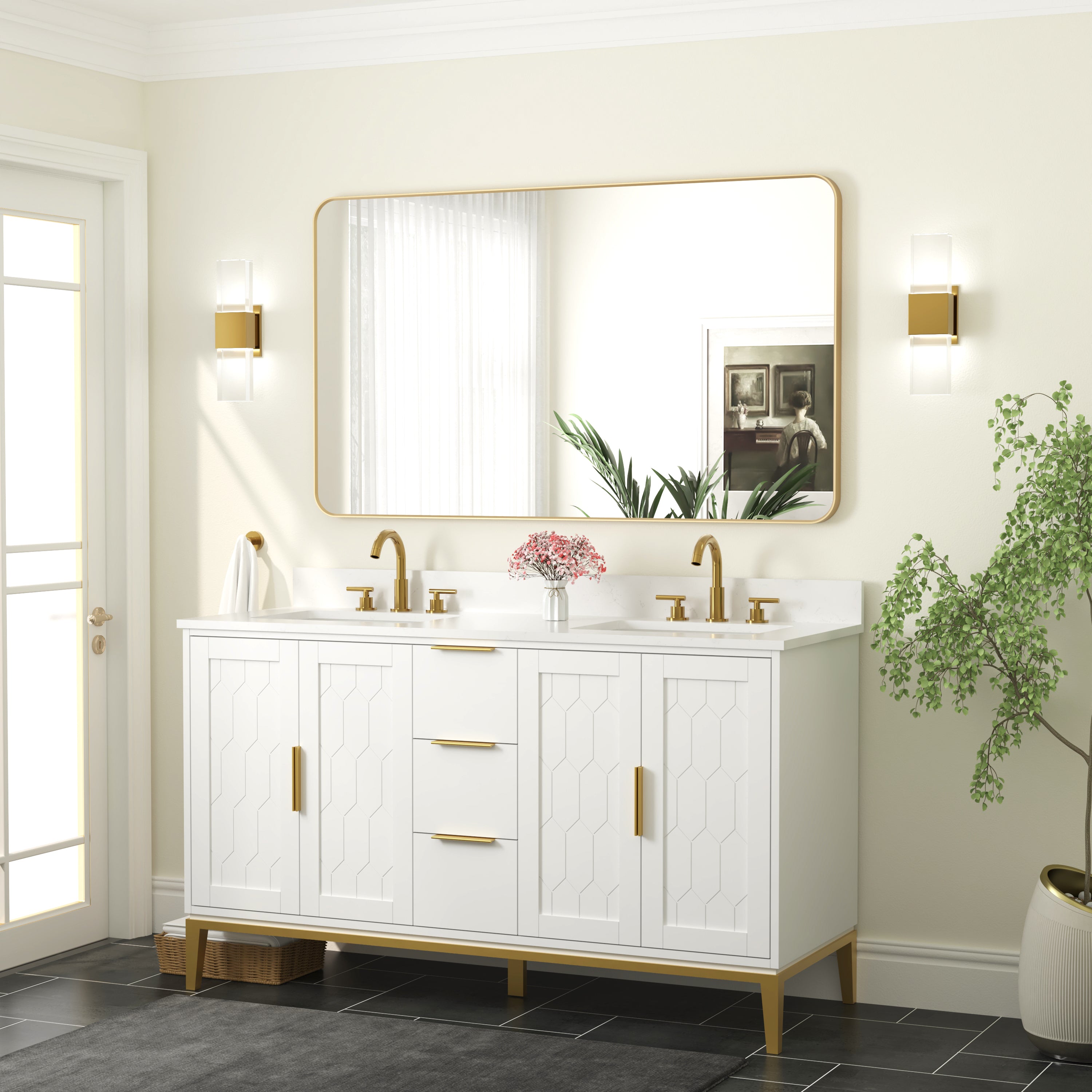55-in W x 32-in H Brushed Gold Rectangular Framed Bathroom Vanity Mirror