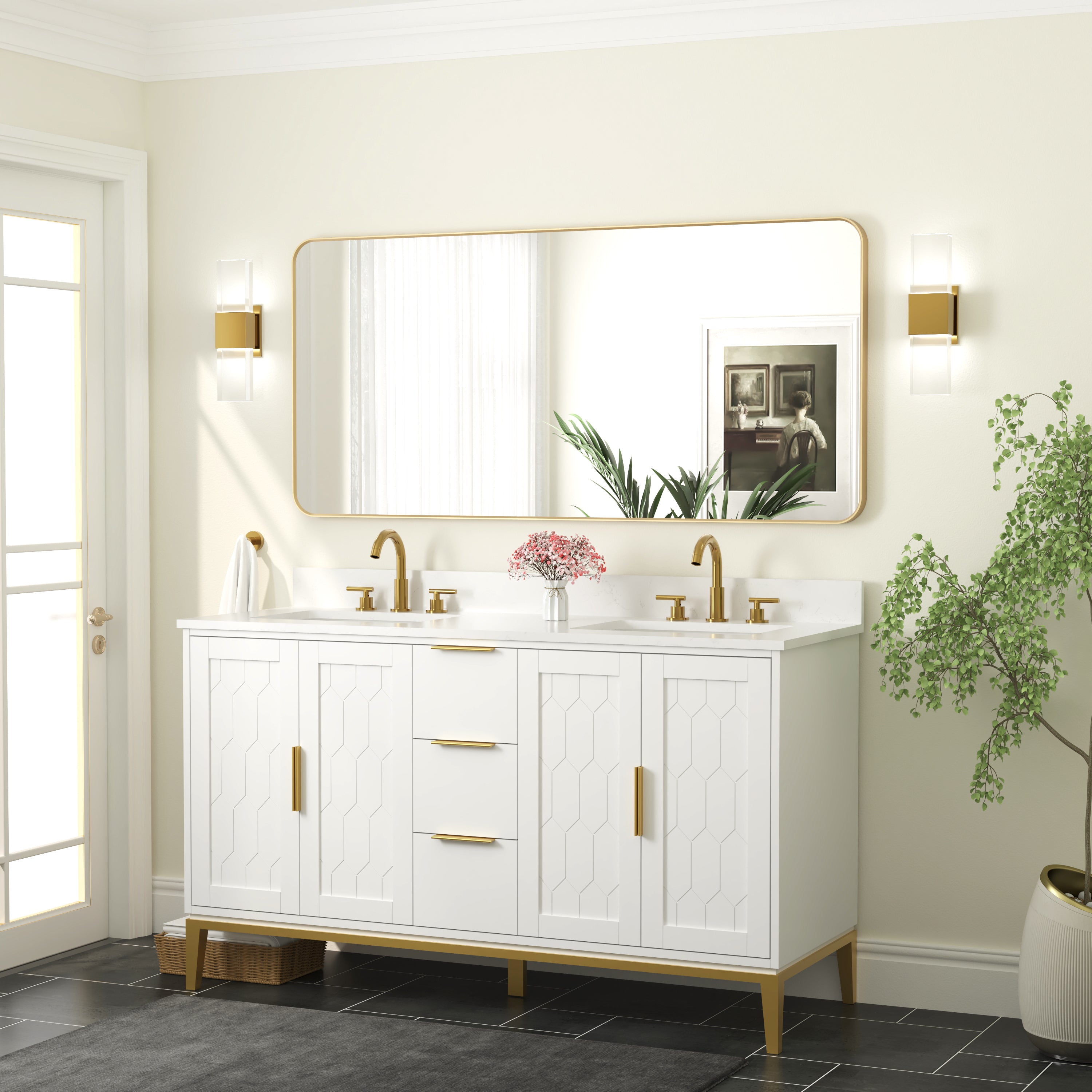 60-in W x 28-in H Brushed Gold Rectangular Framed Bathroom Vanity Mirror