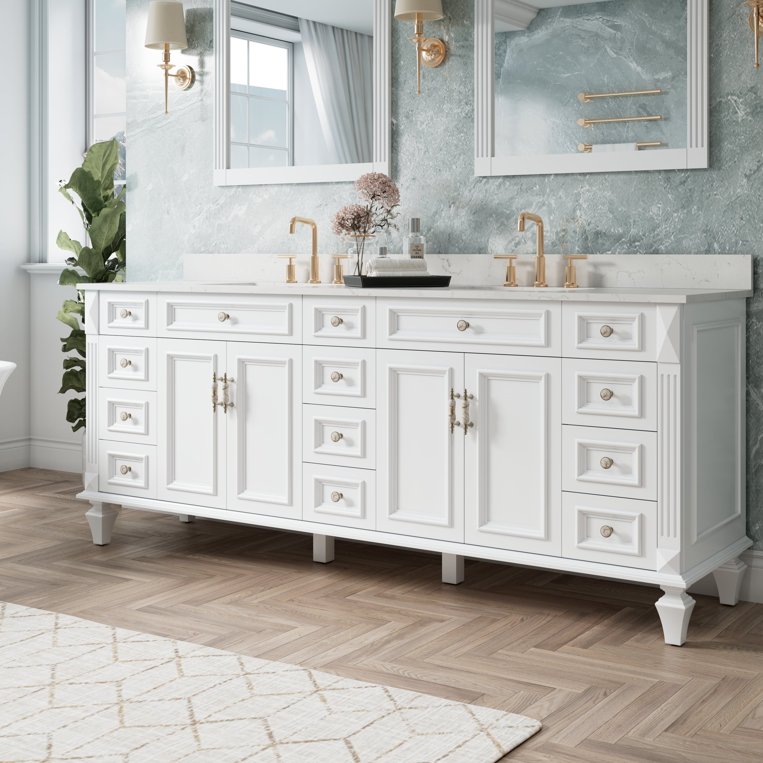 84 in. Freestanding Solid Wood Bathroom Vanity with Carrara White Quartz Countertop, White