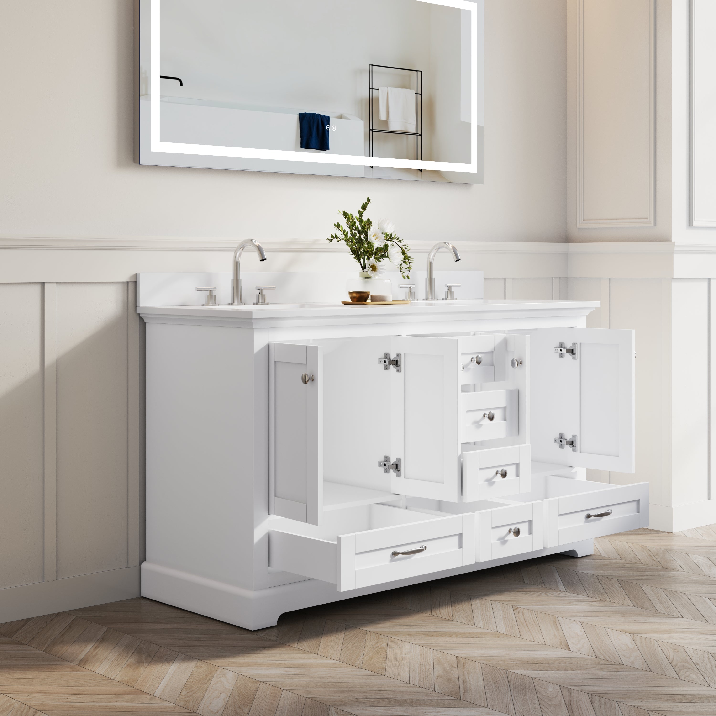 60 Inch White Bathroom Vanity with 2 cUPC Undermount Basins with 4 Doors and 6 Drawers