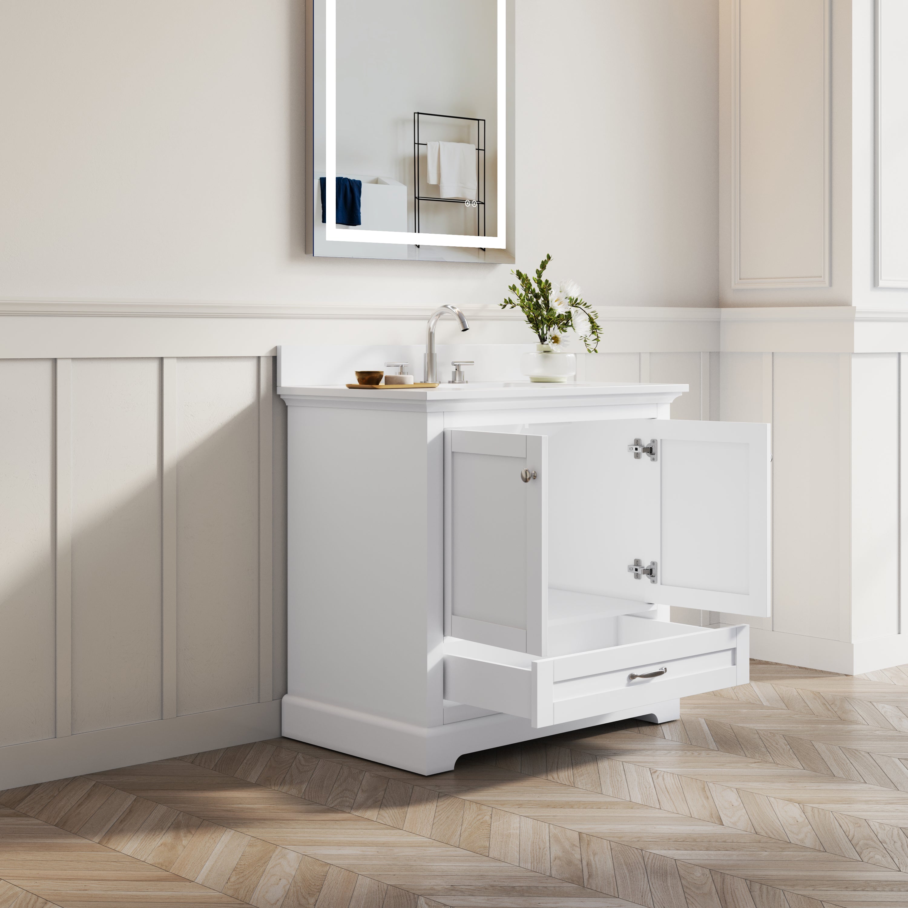 36 Inch White Bathroom Vanity with cUPC Undermount Basin with 2 Doors and 1 Drawer
