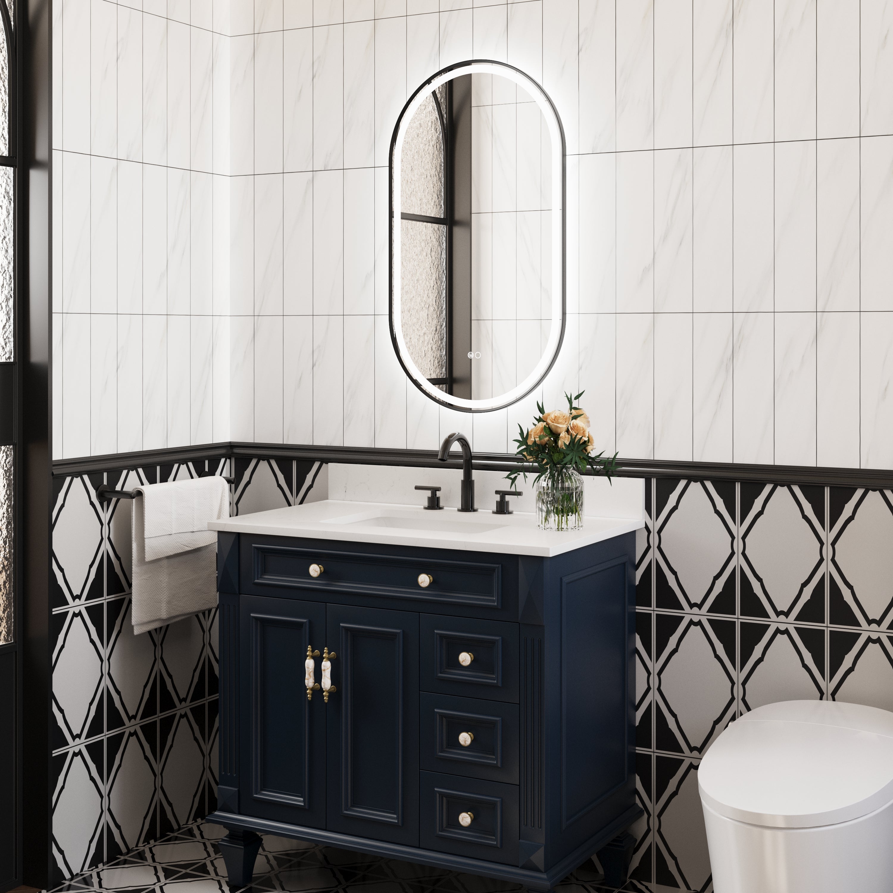 20 in. W x 36 in. H Oval Framed LED Wall-Mounted Bathroom Vanity Mirror in Matte Black