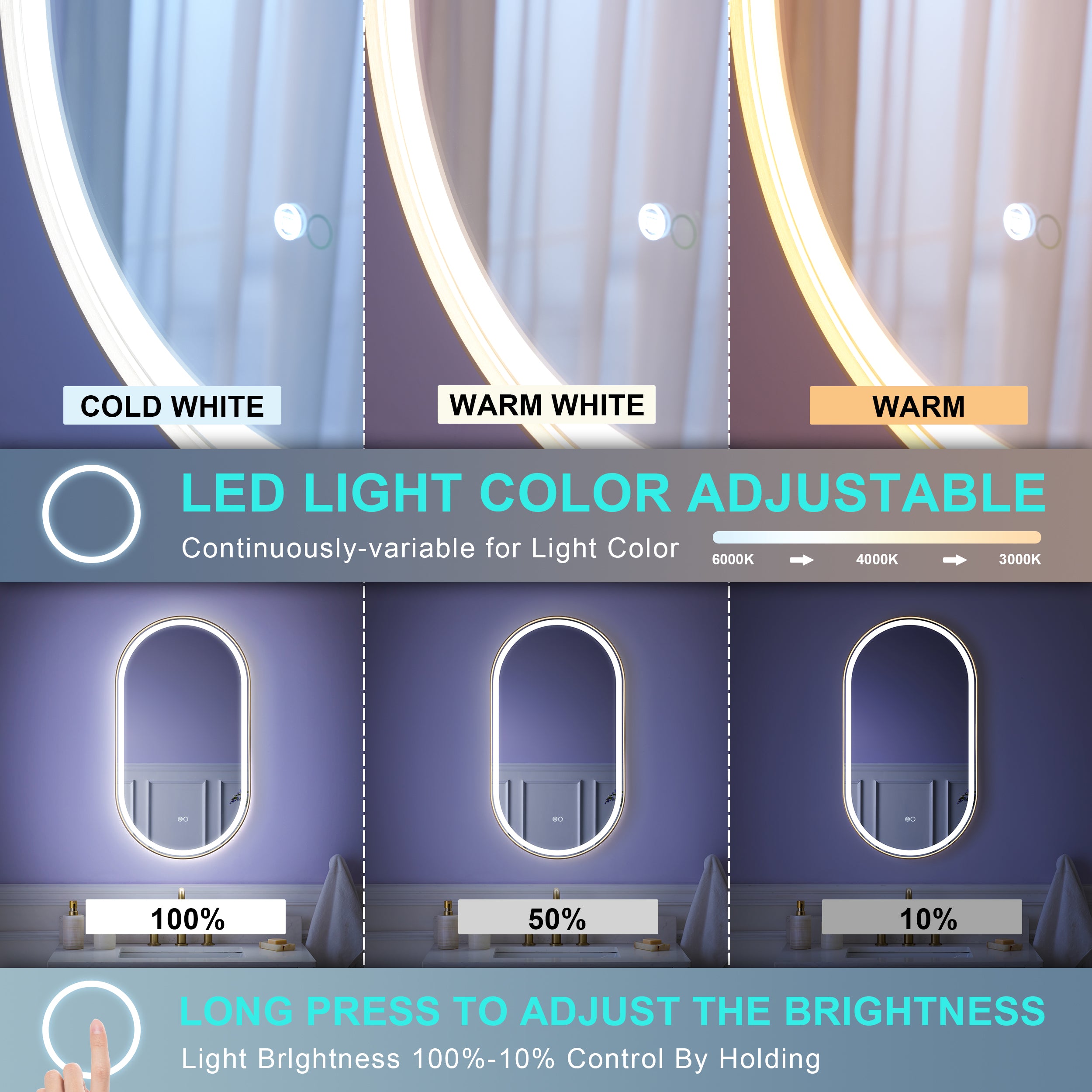 20 in. W x 36 in. H Oval LED Framed Mirror, Anti-Fog, Dimmable in Brushed Gold