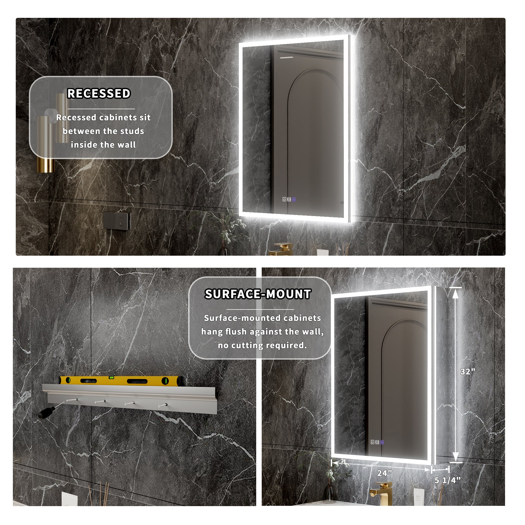 24 in. x 32 in. Recessed/Surface Mount Right LED Medicine Cabinet with 5X Magnifier Mirror, Aluminum Frame