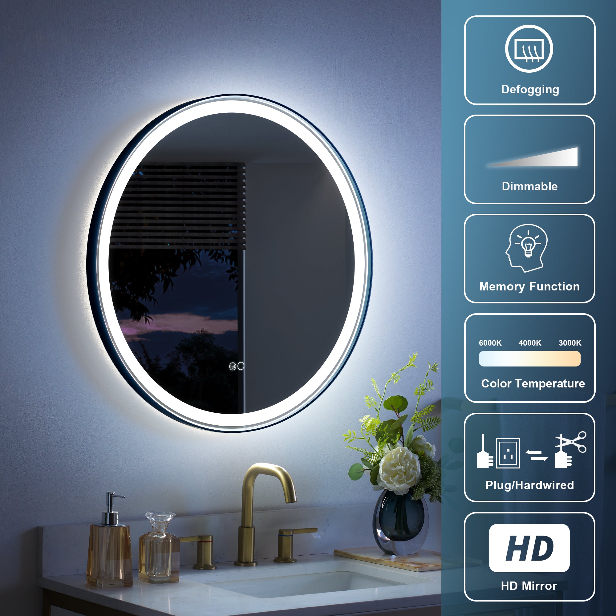 28 in. W x 28 in. H Framed Round LED Light Bathroom Vanity Mirror in Matte Black