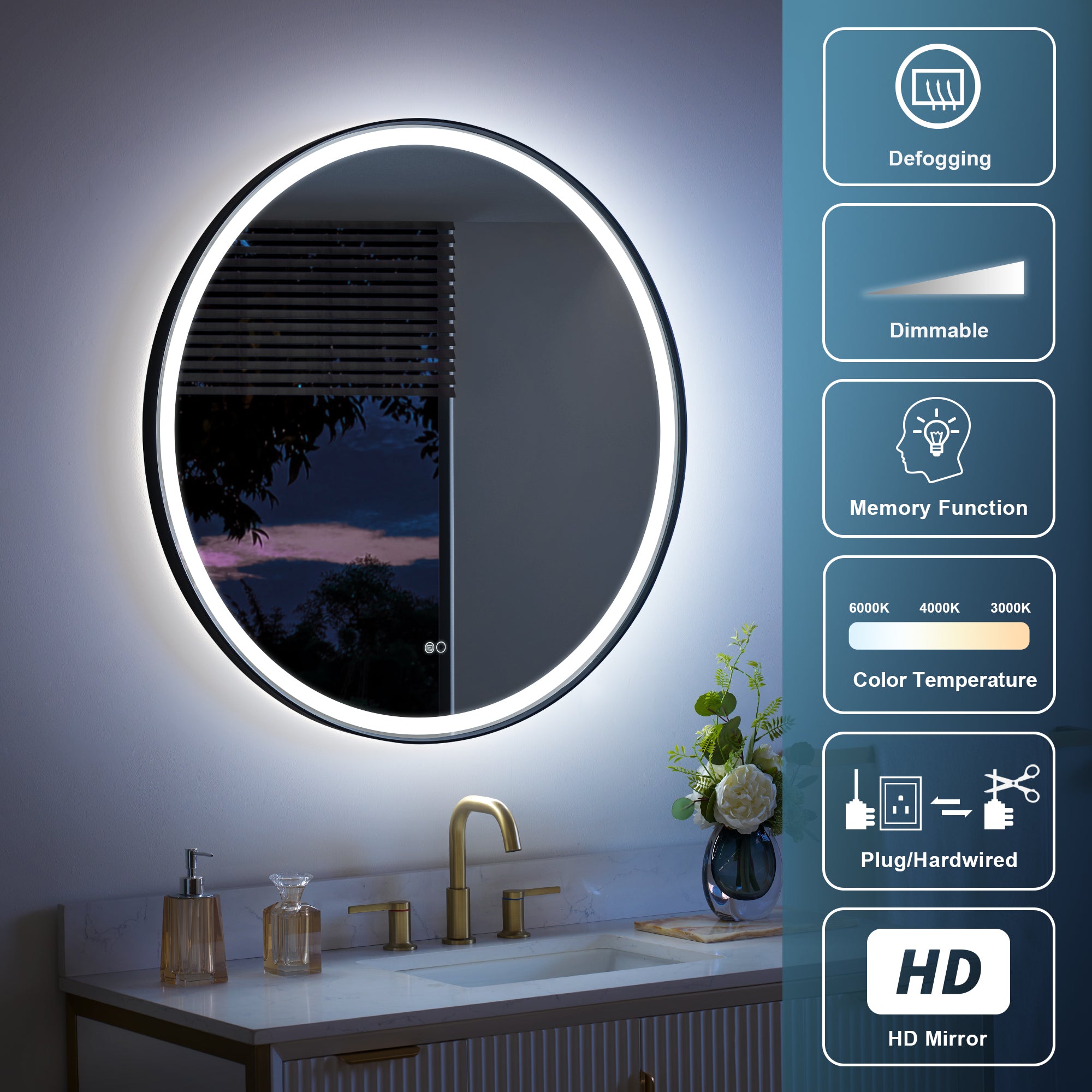 36 in. W x 36 in. H Framed Round LED Light Bathroom Vanity Mirror in Matte Black