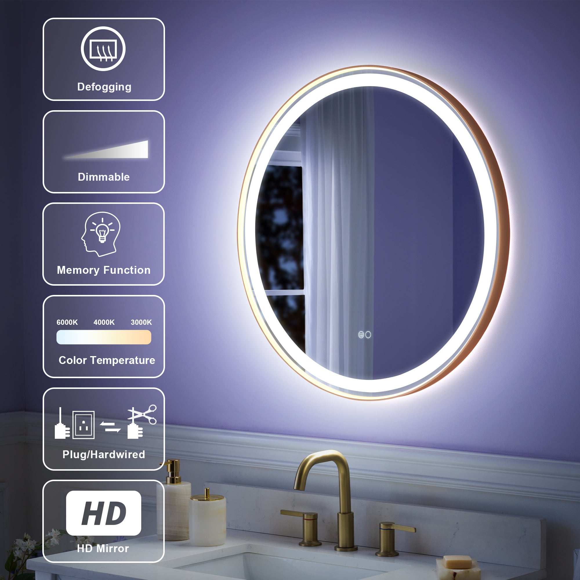 28 in. W x 28 in. H Framed Round LED Light Bathroom Vanity Mirror in Brushed Gold
