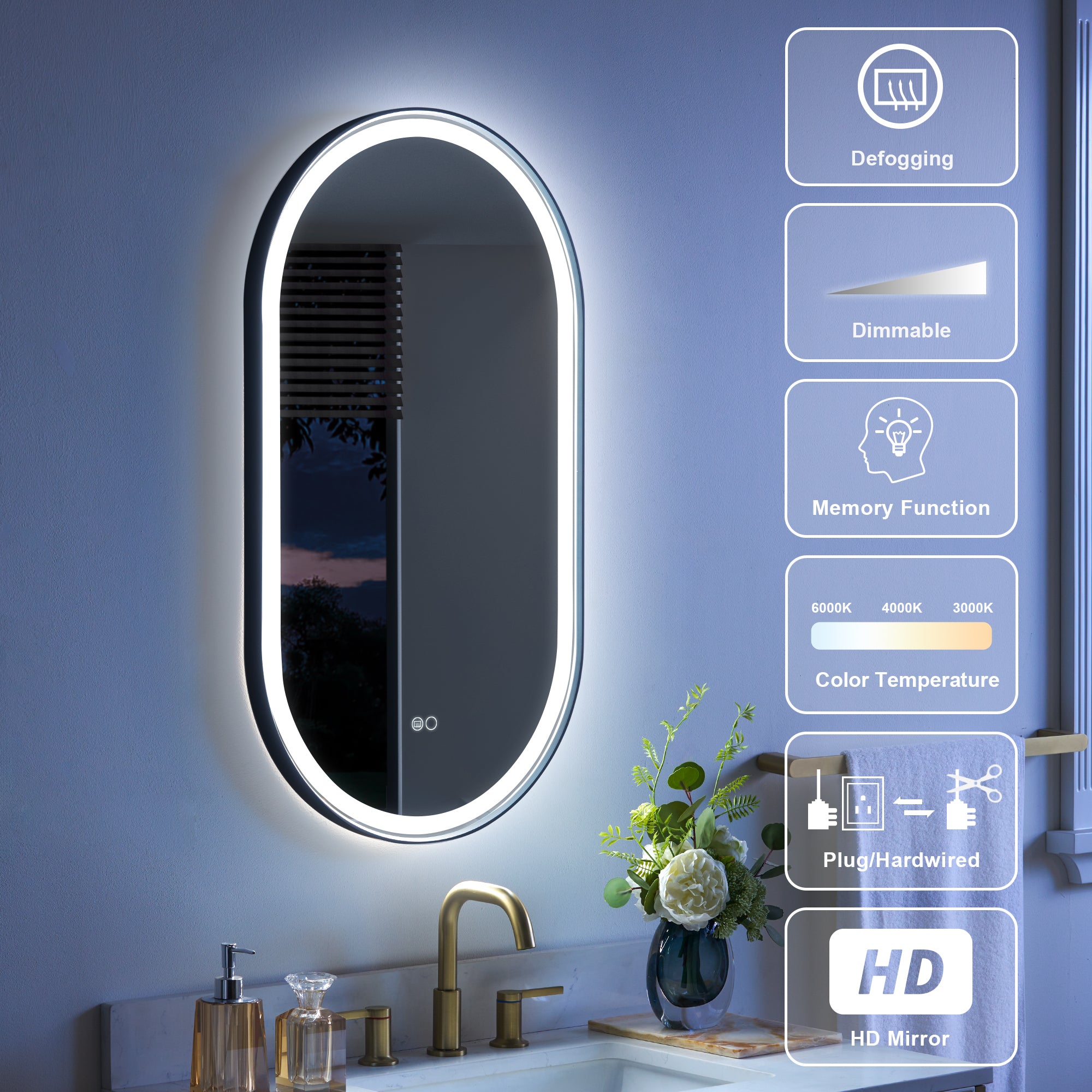 20 in. W x 36 in. H Oval LED Framed Mirror, Anti-Fog, Dimmable in Matte Black