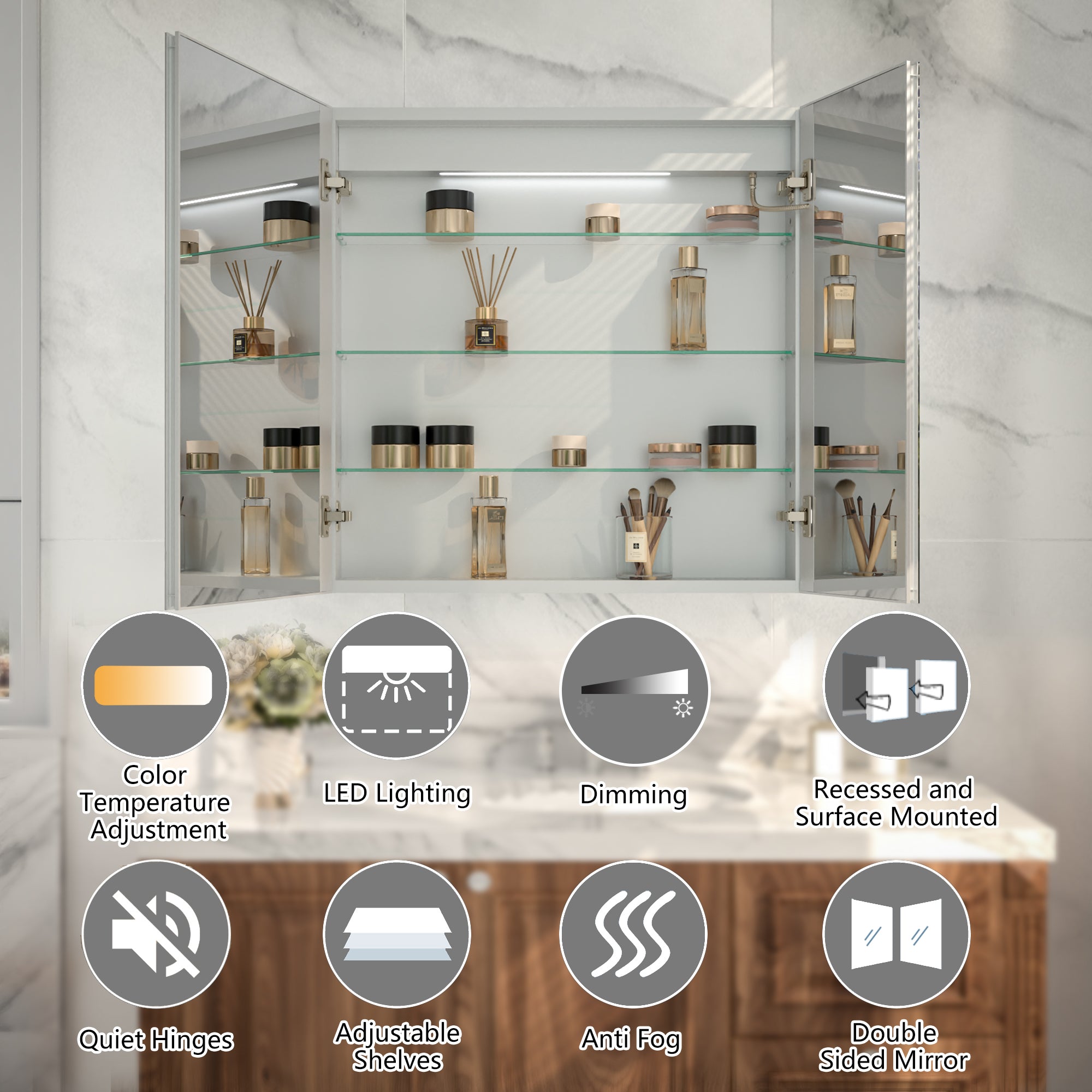 30 in. x 30 in. Recessed/Surface Mount Medicine Cabinet with Mirror and LED Light, All-Plastic Cabinet Body