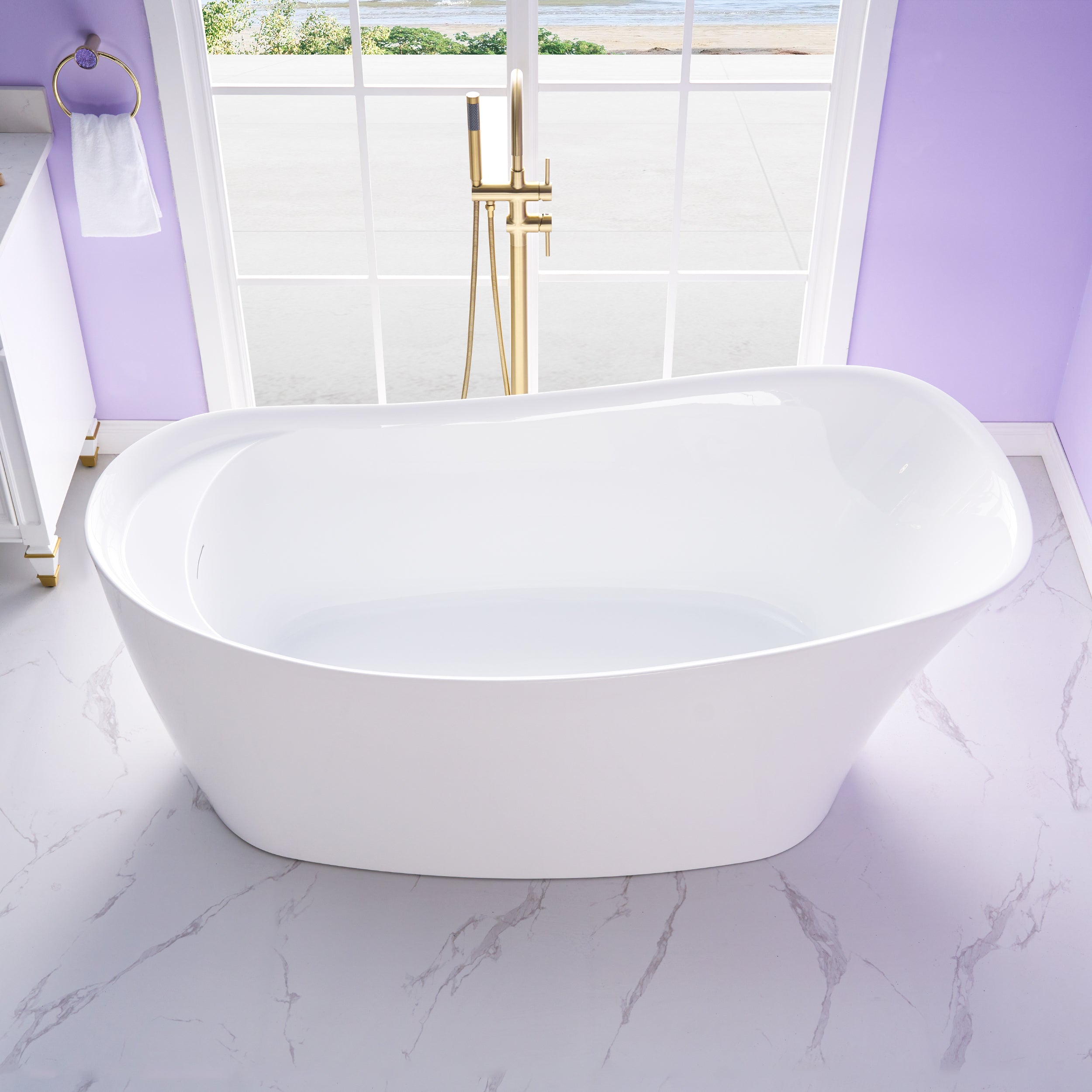 69" Freestanding Glossy White Acrylic Bathtub with Slotted Overflow and Drainer