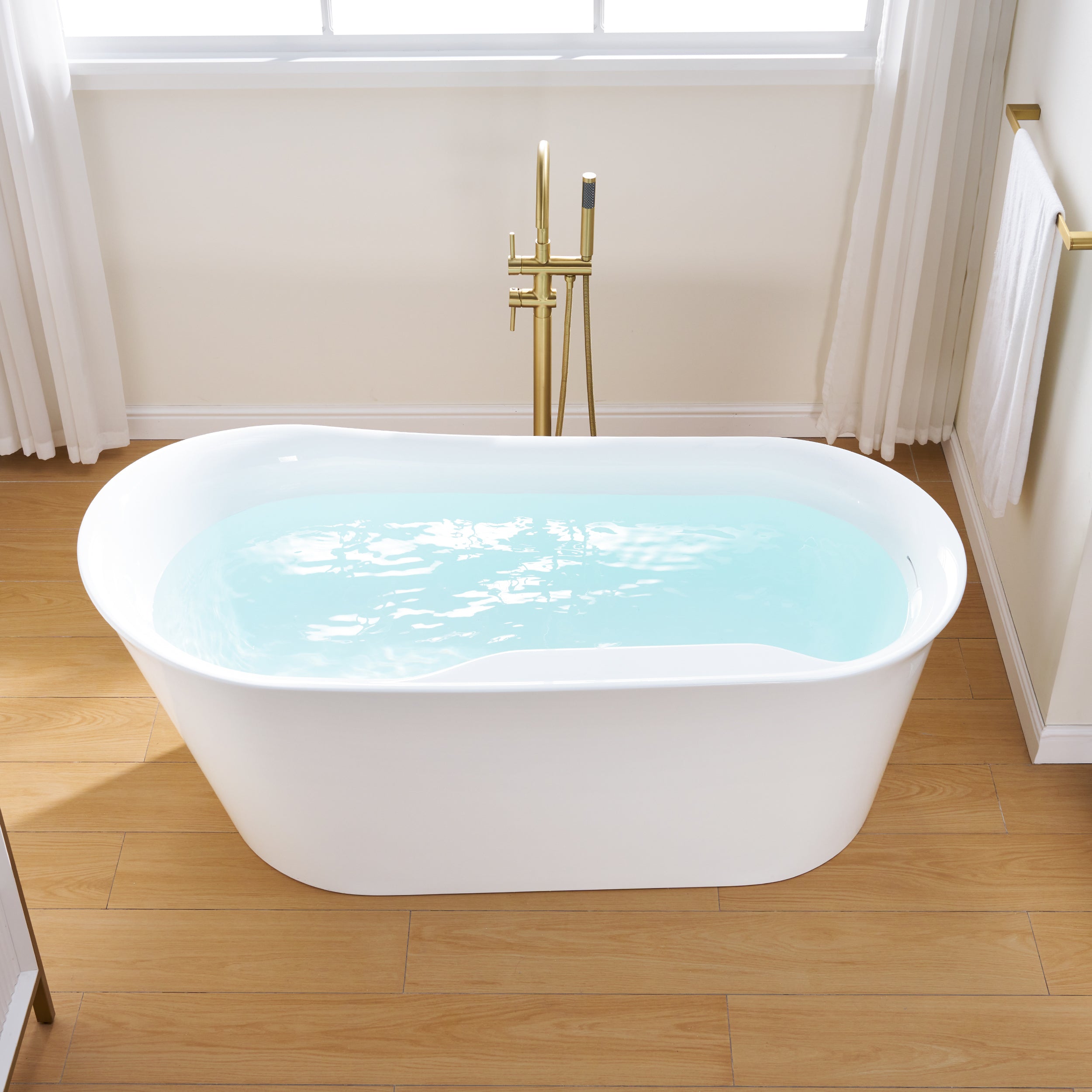 66" Freestanding Glossy White Acrylic Bathtub with Overflow and Drainage