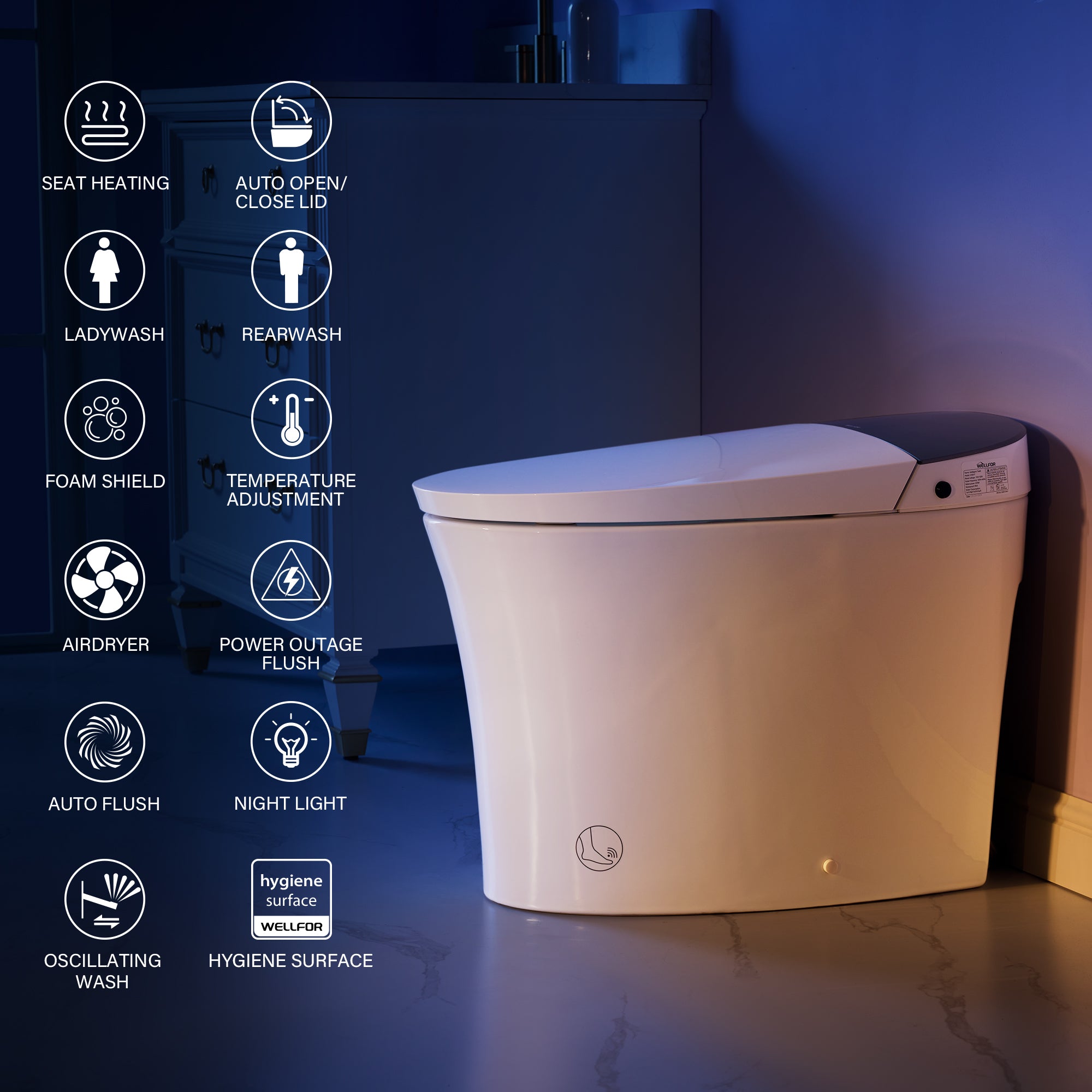 Elongated Smart Bidet Toilet in White with Built-in Tank, Foot Sensor Function, Auto Flush,LED Display, 12-in Rough-In 1.6 GPF
